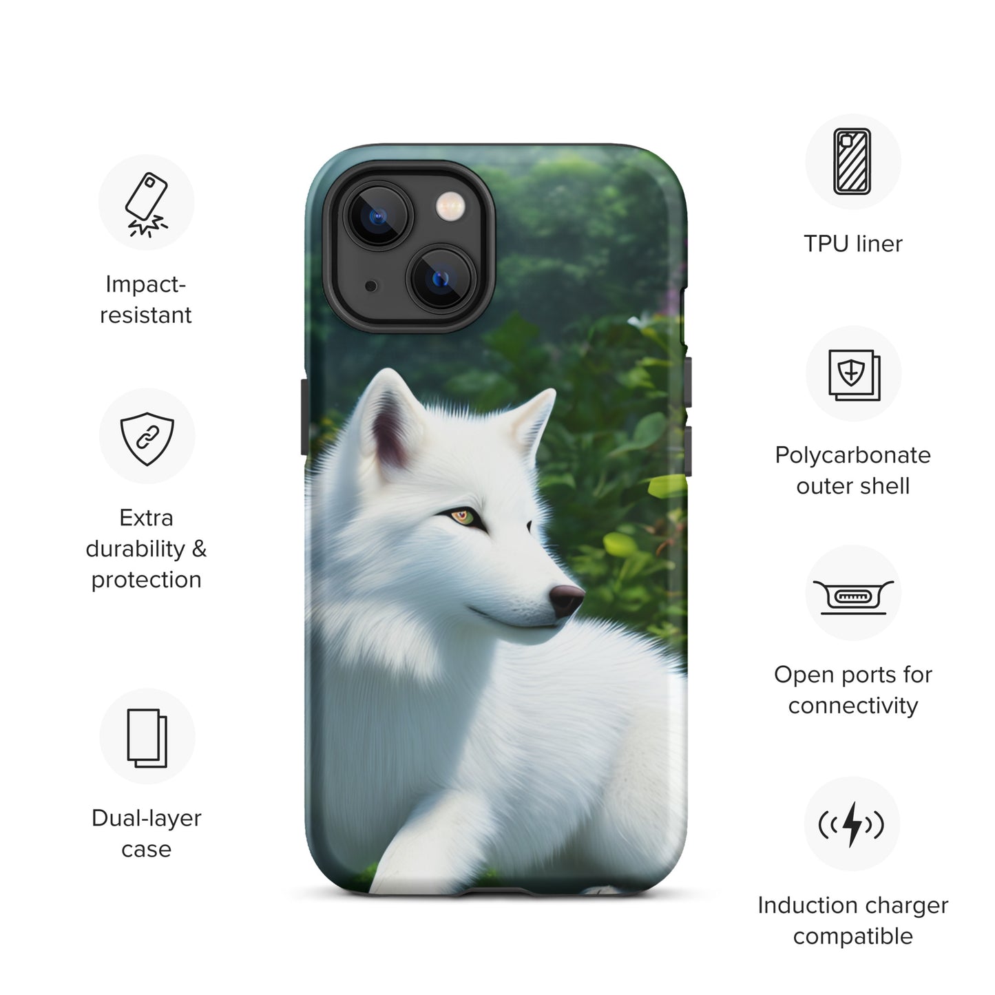 A fantasy picture of White Wolf #2 iPhone tough case with a pure white wolf laying down head up and alert - matte-iphone-13-front
