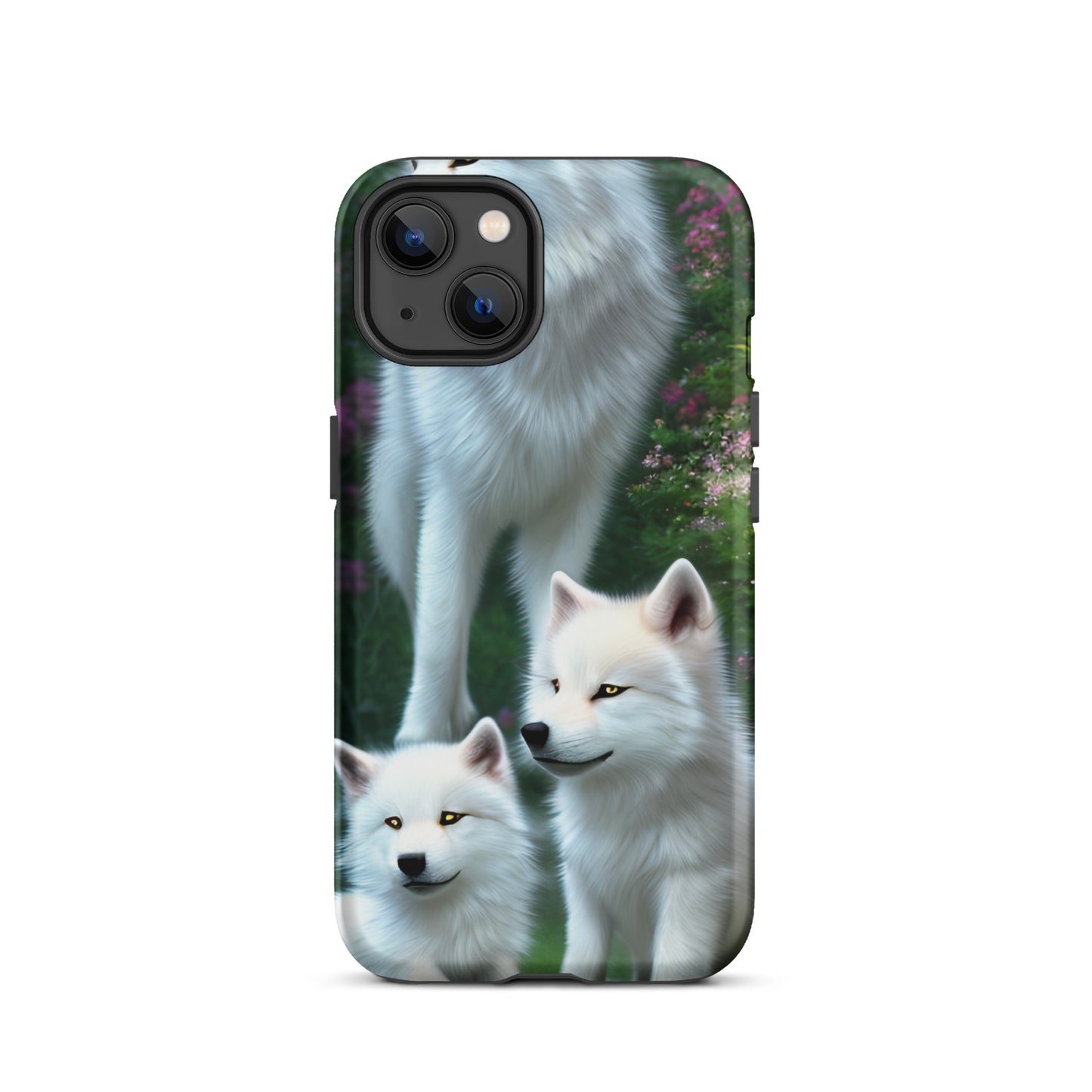 A fantasy picture of white wolves iPhone tough case with many colored flowers and 2 wolf cubs bottom front with an Mother Wolf standing behind - matte-iphone-13-front