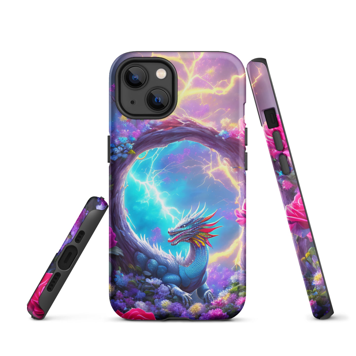 A fantasy picture of Dragon Garden iPhone tough case with many colors of roses and in the middle is a rainbow dragon with lightning bolts - matte-iphone-13-front