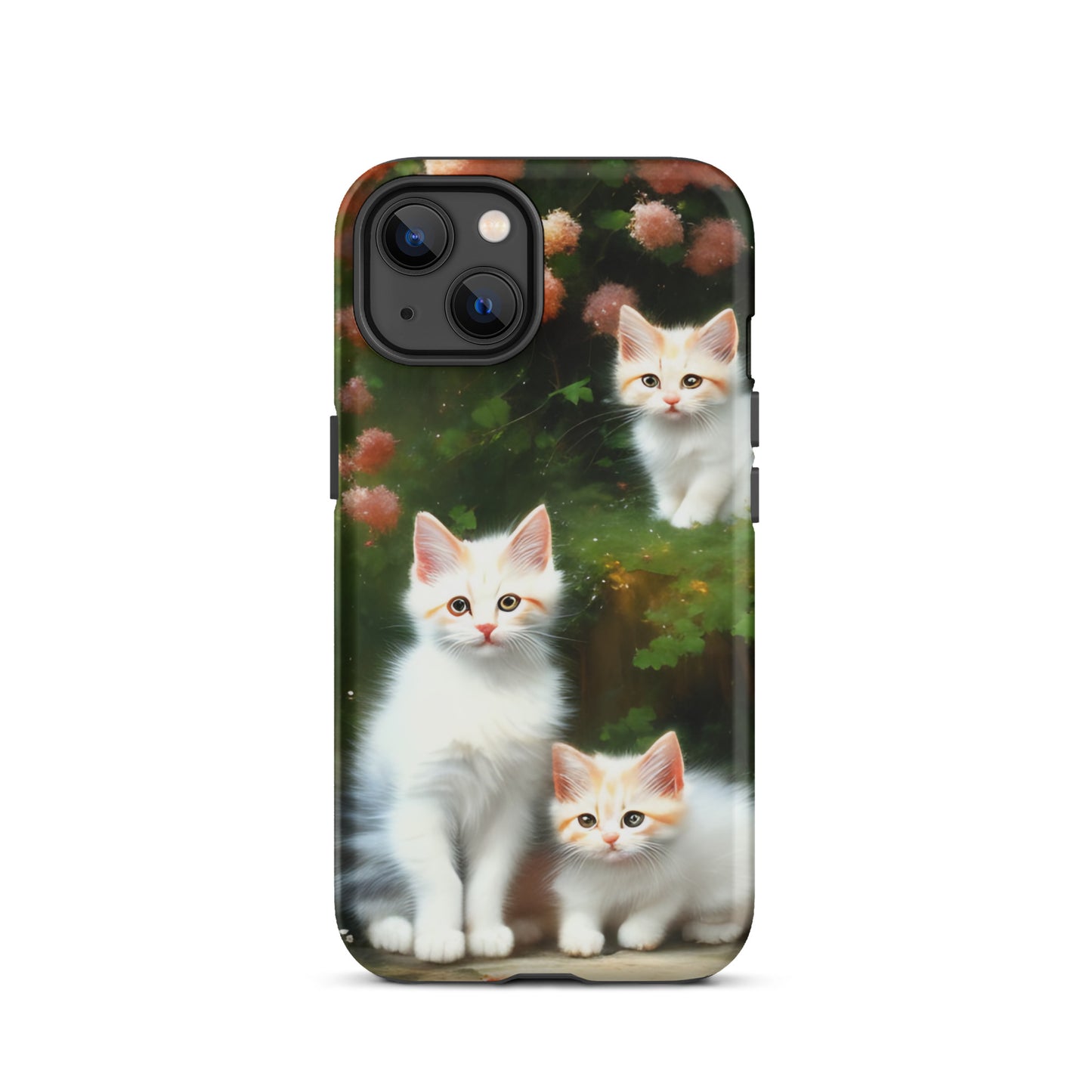 A picture of a iphone tough case with 3 fluffy white and orange kittens and peach colored flowers in the background - matte-iphone-13-front