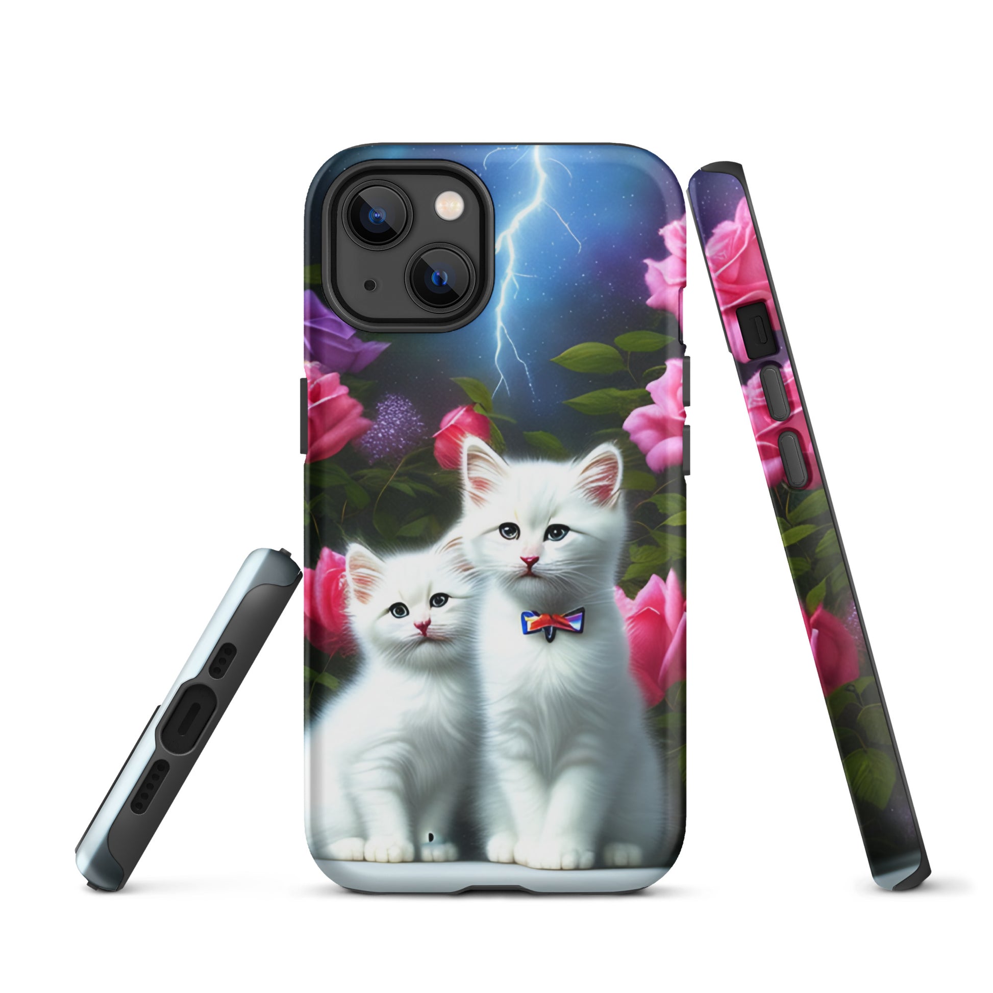 A picture of a iphone tough mobile phone case with 2 white kittens sitting in a flower garden and pink roses - matte-iphone-13-front