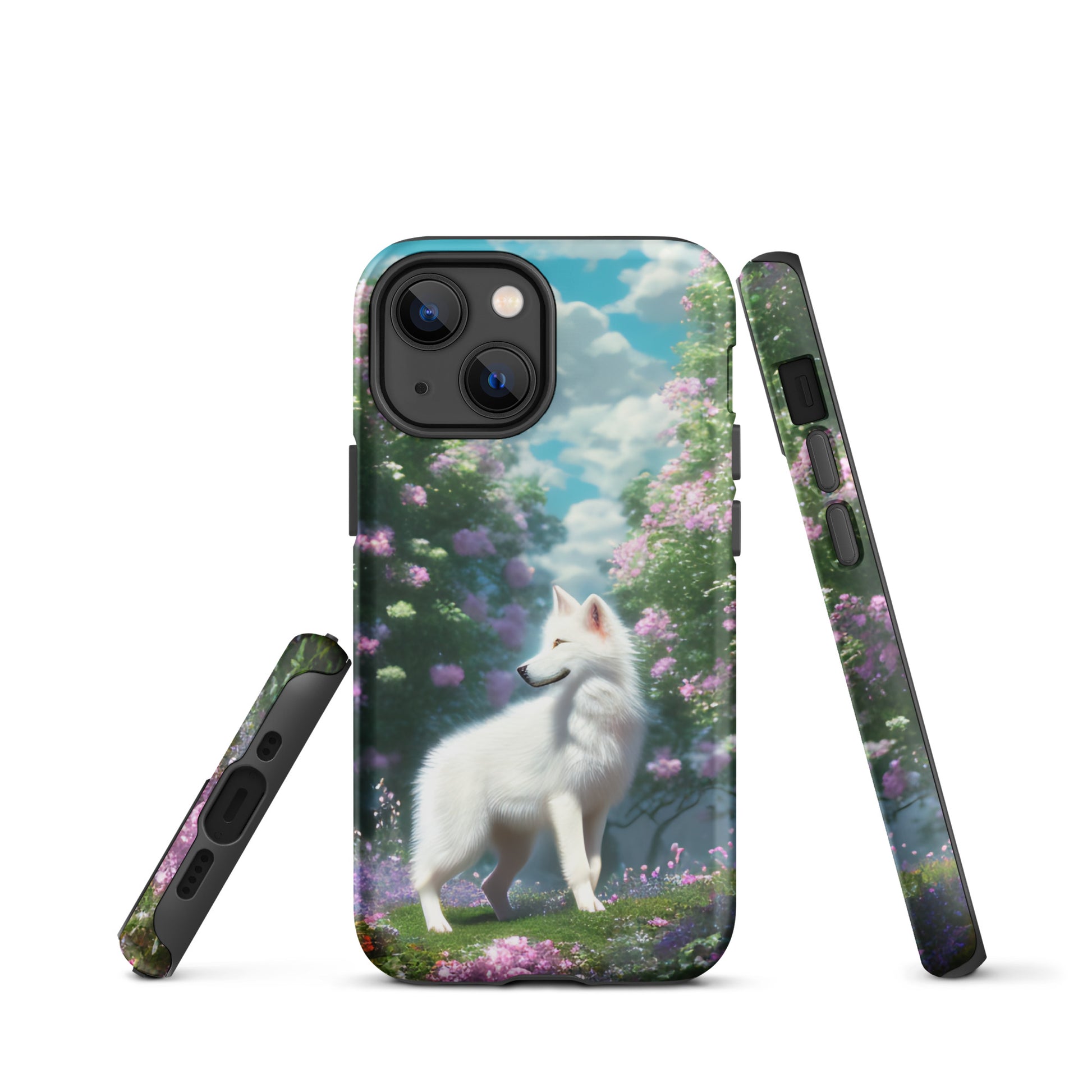 A fantasy picture of white wolf iPhone tough case full picture of a lone white wolf standing in a garden full of flowers - matte-iphone-13-mini-front