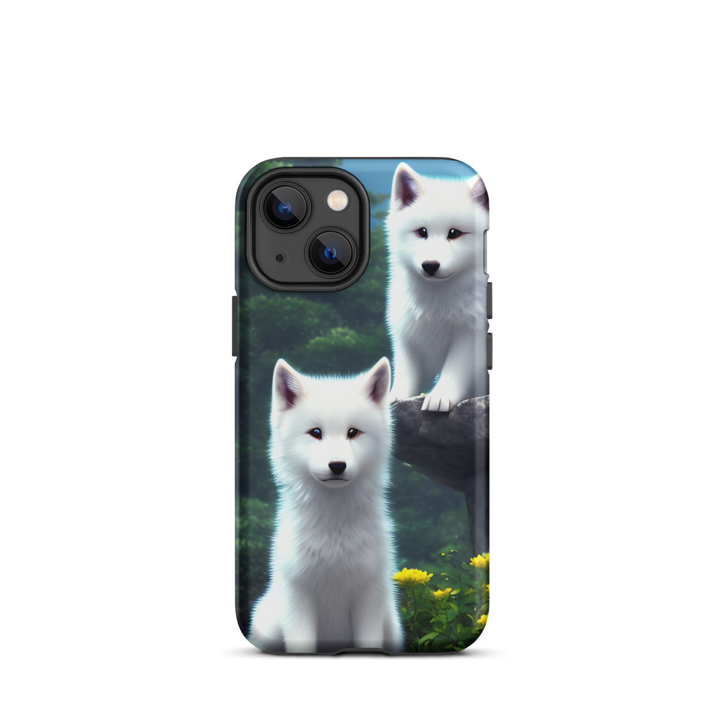 A fantasy picture of 2 white wolf cubs sitting looking straight on iPhone tough case - matte-iphone-13-mini-front