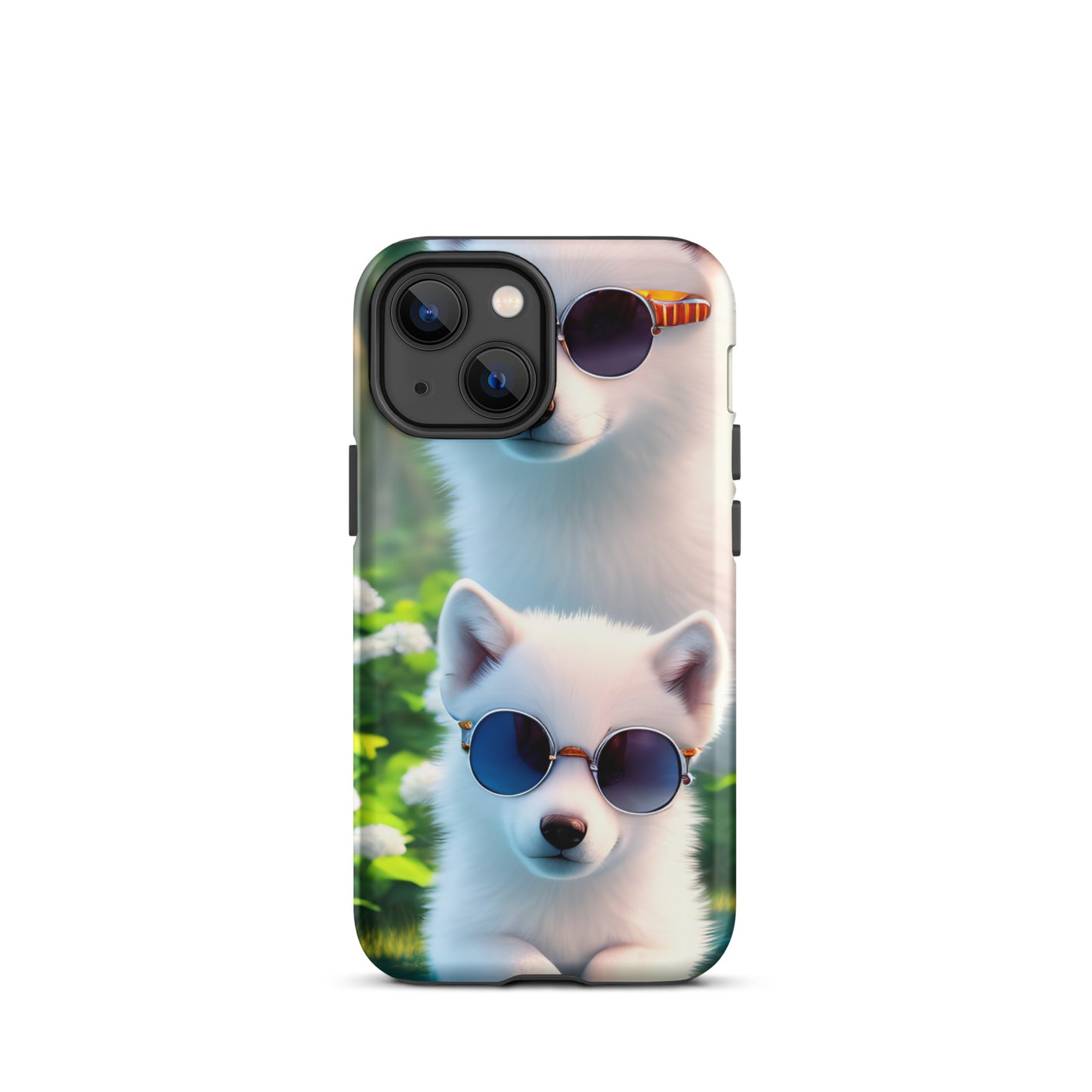 A fantasy picture of 2 white wolf cubs wearing sunglasses iPhone tough case with many colored flowers and 2 wolf cubs  - matte-iphone-13-mini-front