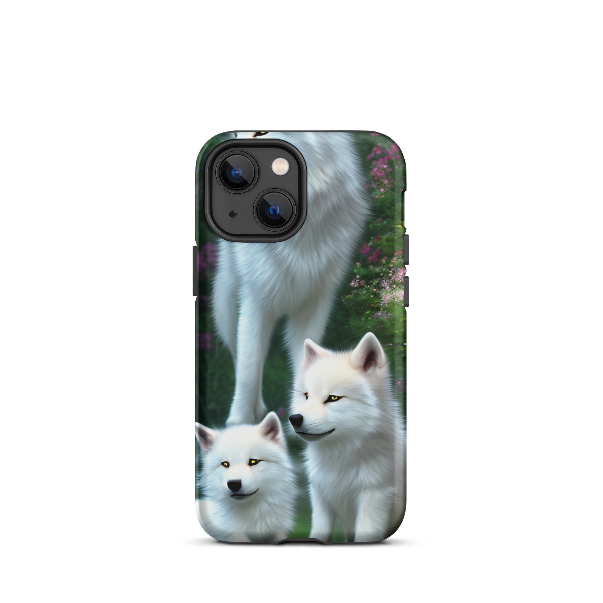 A fantasy picture of white wolves iPhone tough case with many colored flowers and 2 wolf cubs bottom front with an Mother Wolf standing behind - matte-iphone-13-mini-front