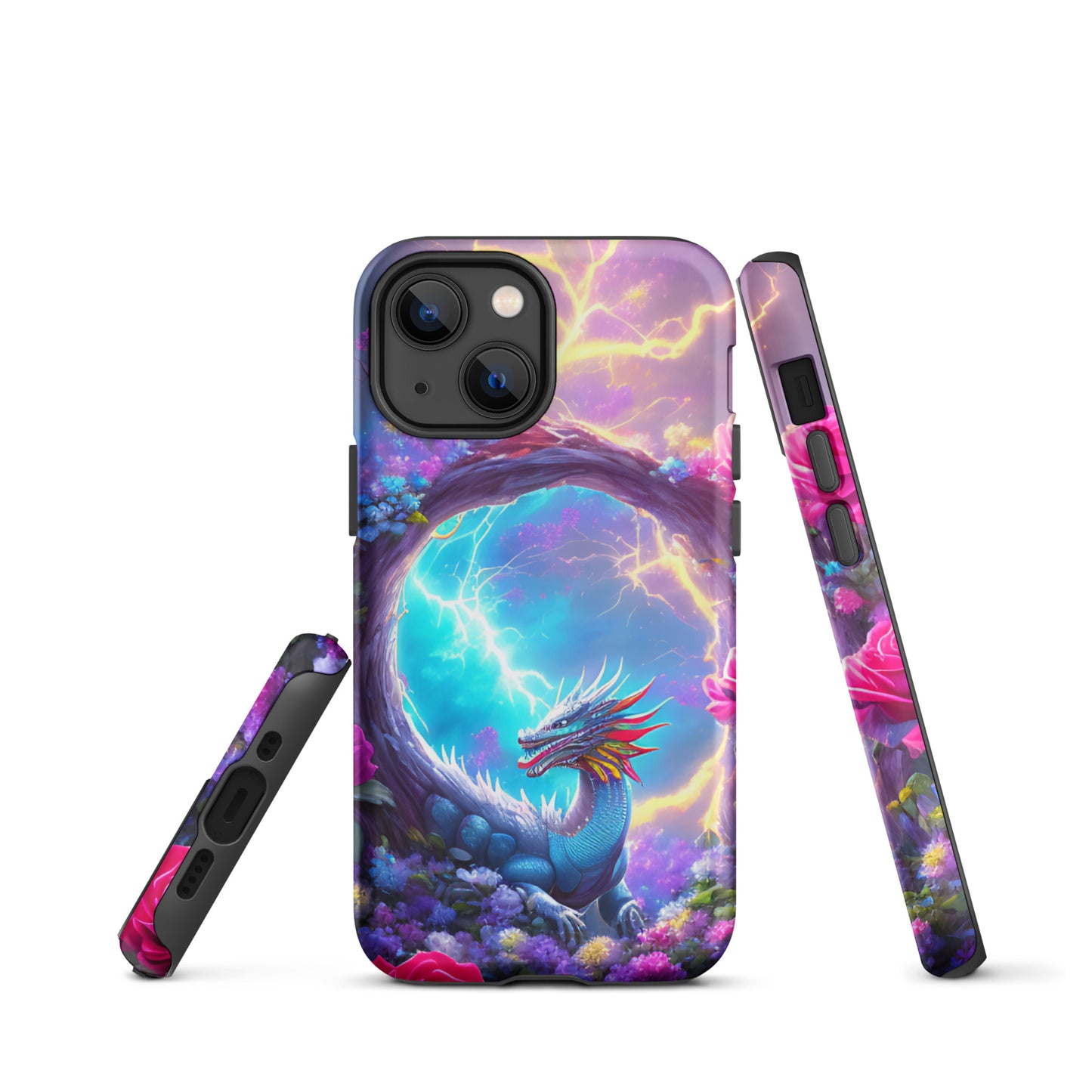 A fantasy picture of Dragon Garden iPhone tough case with many colors of roses and in the middle is a rainbow dragon with lightning bolts - matte-iphone-13-mini-front