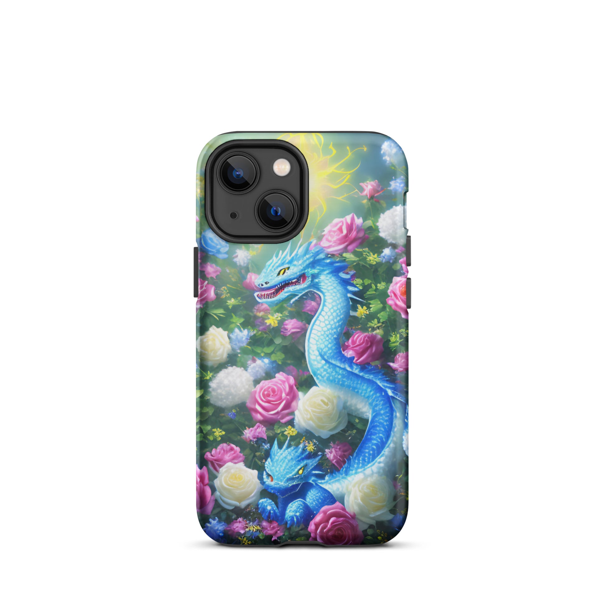 A fantasy picture of Dragon Garden #5 iPhone tough case with many colors of roses and in the middle is a blue dragon with it's baby - matte-iphone-13-mini-front