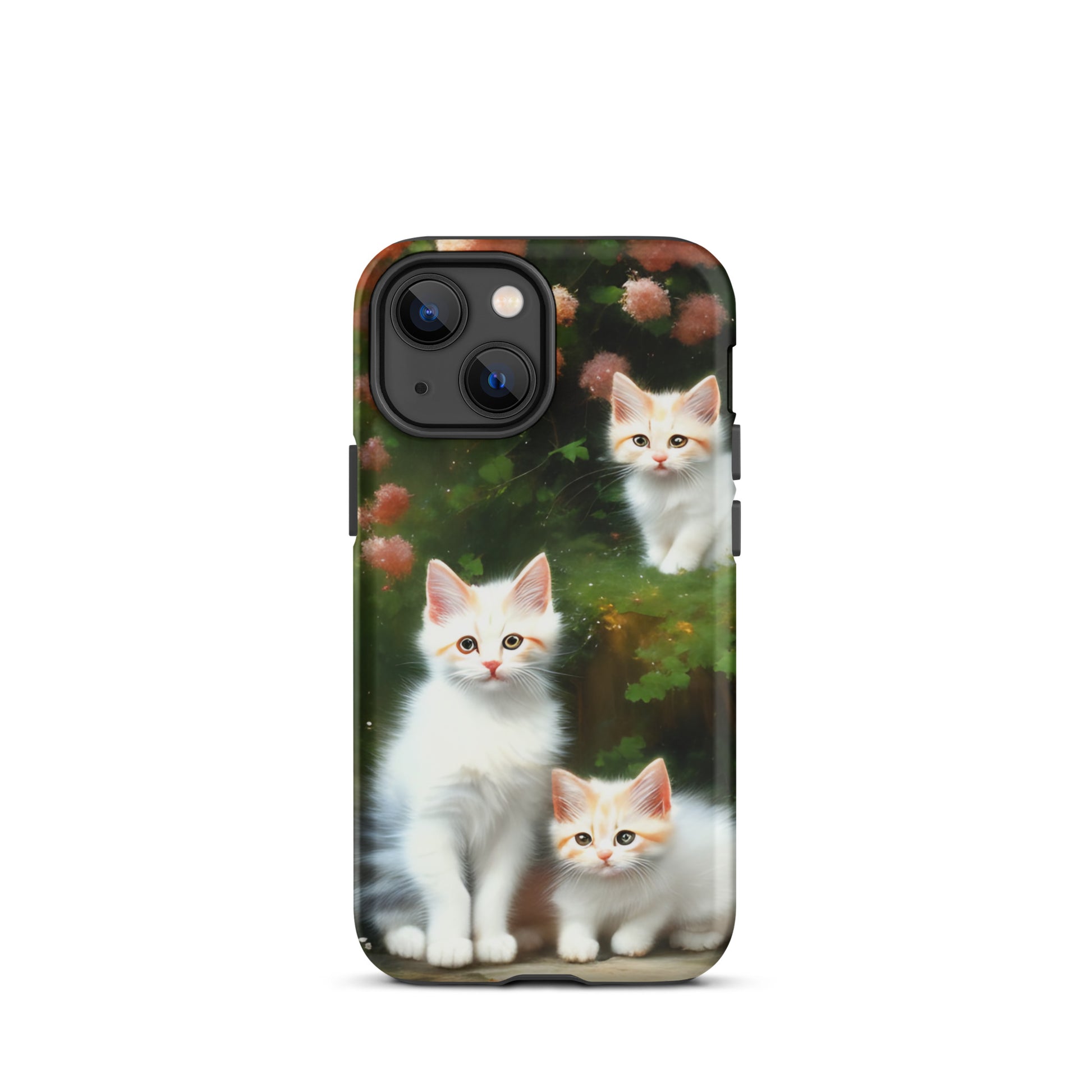 A picture of a iphone tough case with 3 fluffy white and orange kittens and peach colored flowers in the background - matte-iphone-13-mini-front