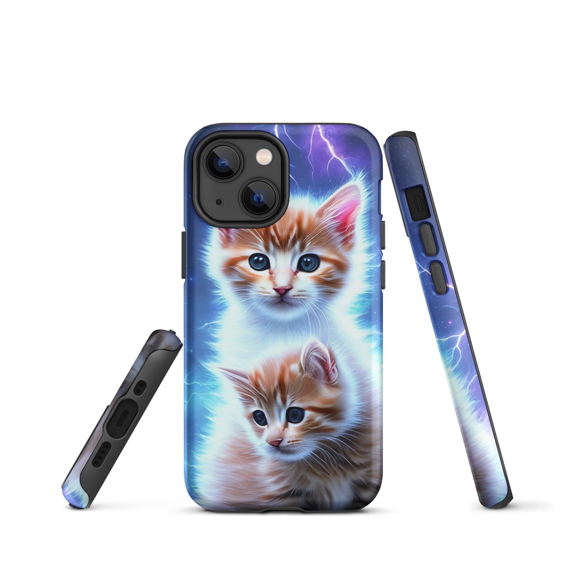 A picture of a iphone tough mobile phone case with fluffy 2 orange and white kittens against a stormy background - matte-iphone-13-mini-front
