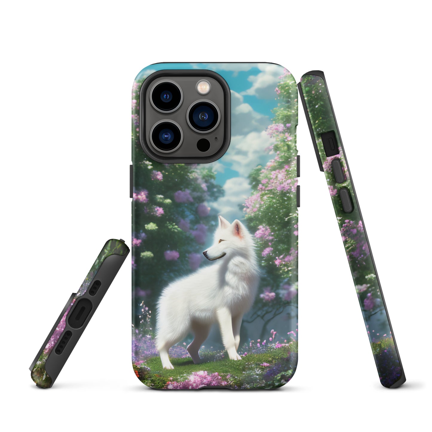 A fantasy picture of white wolf iPhone tough case full picture of a lone white wolf standing in a garden full of flowers - matte-iphone-13-pro-front