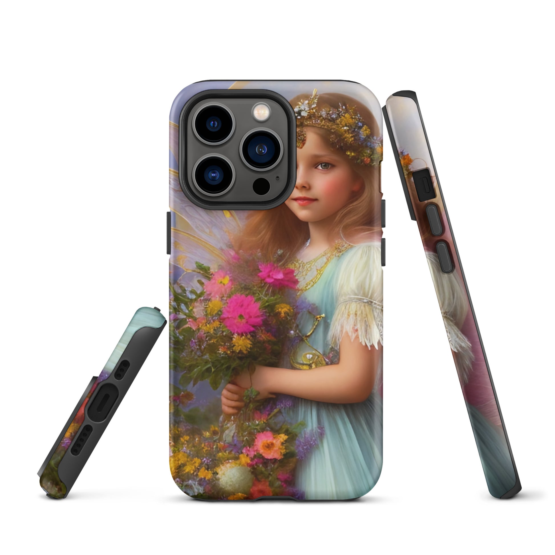 A picture of a iphone tough case with a beautiful young fairy princess, glittering crown and detailed dress. She is holding a bunch of colorful flowers and has very pretty fairy wings   - matte-iphone-13-pro-front