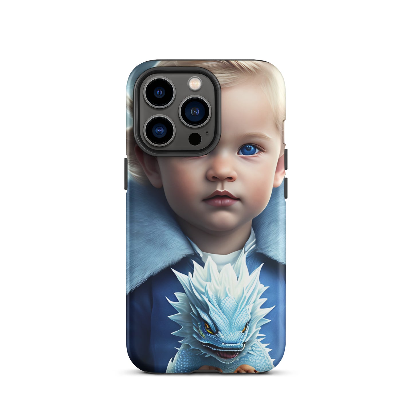 A picture of a an iphone case with a blond haired blue eyed boy, blue top holding a baby ice dragon in front - Dragon Prince #2 tough iphone case - matte-iphone-13-pro-front