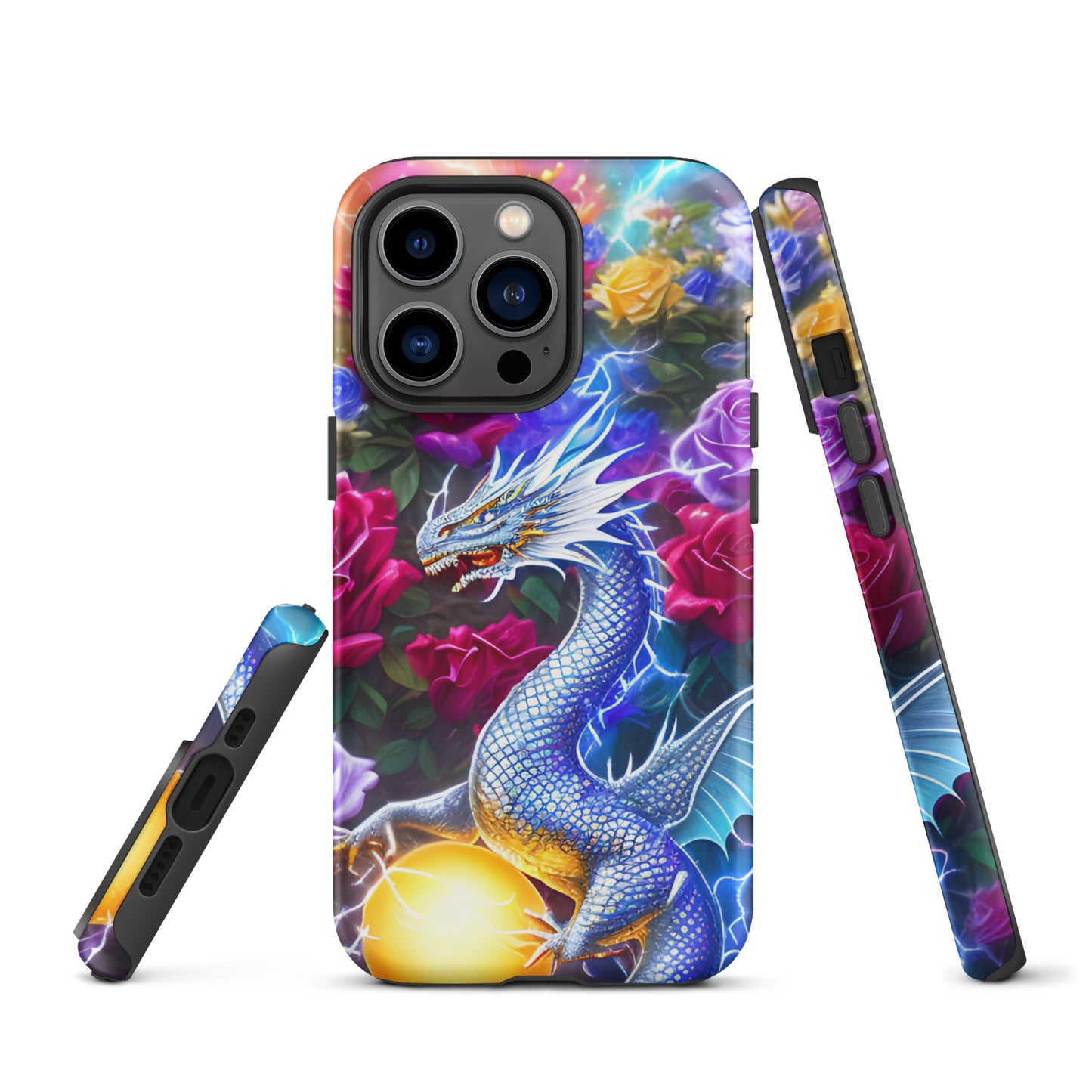 A fantasy picture of Dragon Garden #4 iPhone tough case with many colorful roses and in the middle is a white and blue dragon with a gold dragon egg and crackling lightning bolts - matte-iphone-13-pro-front