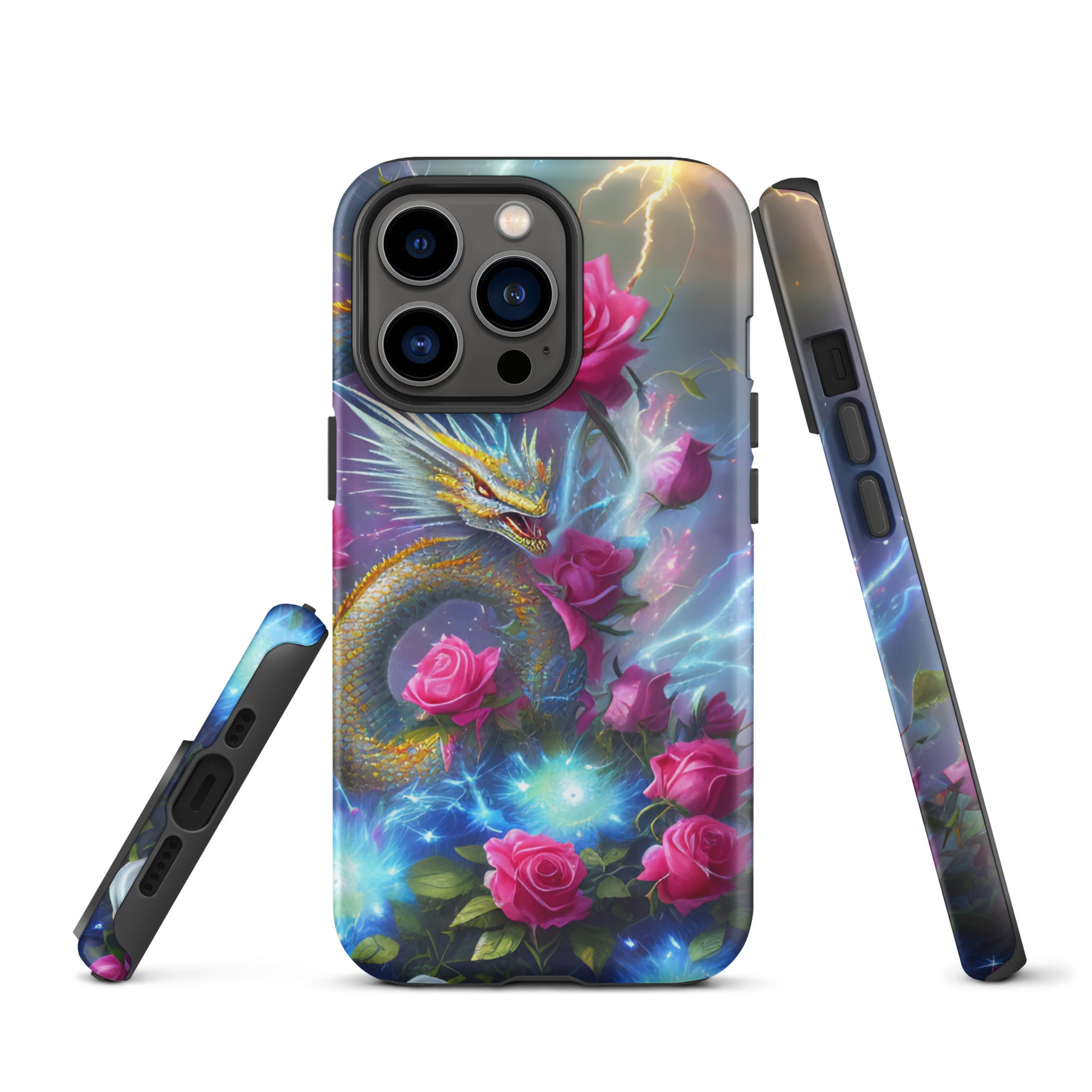 A fantasy picture of Dragon Garden #3 iPhone tough case with pink of roses and in the middle is a blue and gold dragon with colorful lightning bolts - matte-iphone-13-pro-front