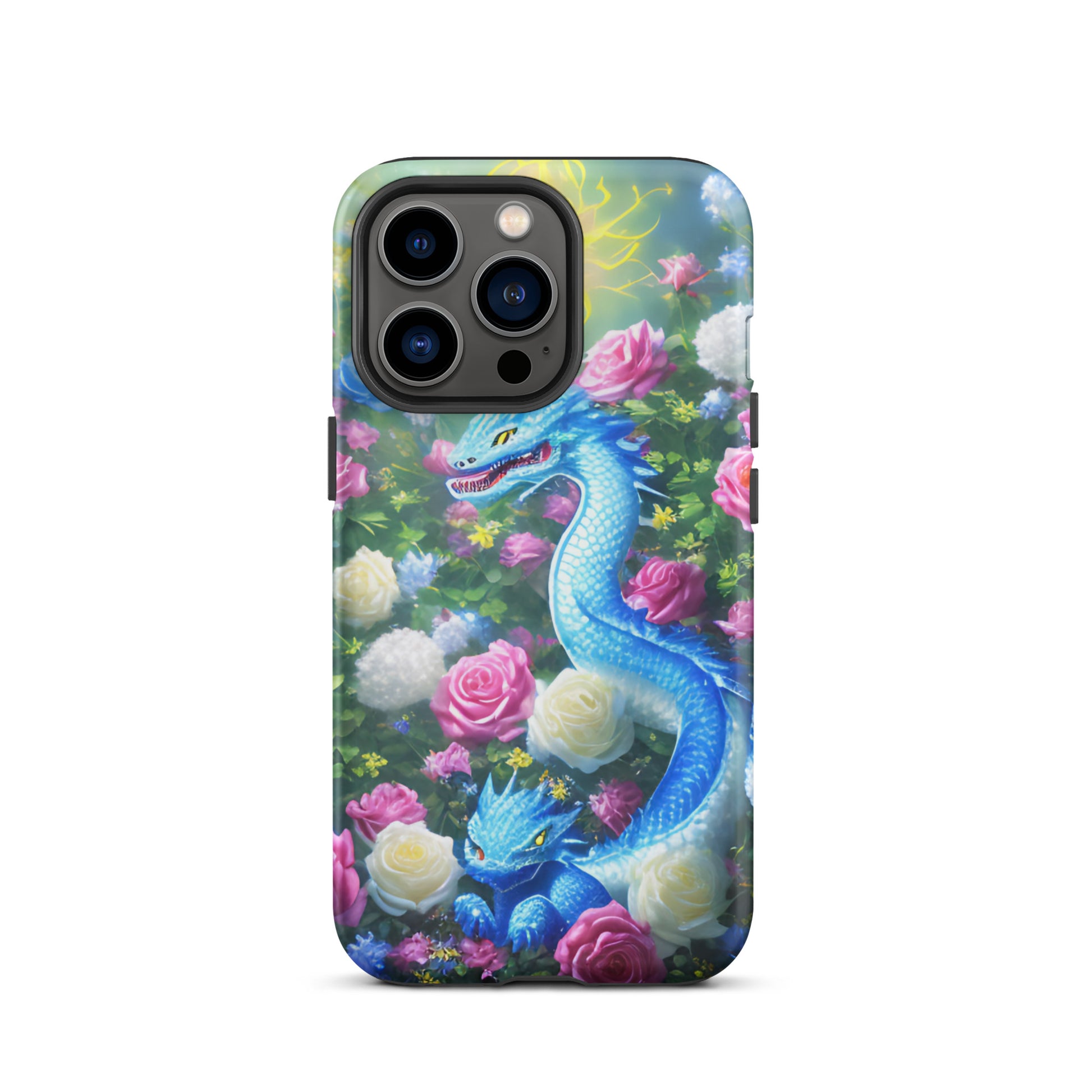 A fantasy picture of Dragon Garden #5 iPhone tough case with many colors of roses and in the middle is a blue dragon with it's baby - matte-iphone-13-pro-front