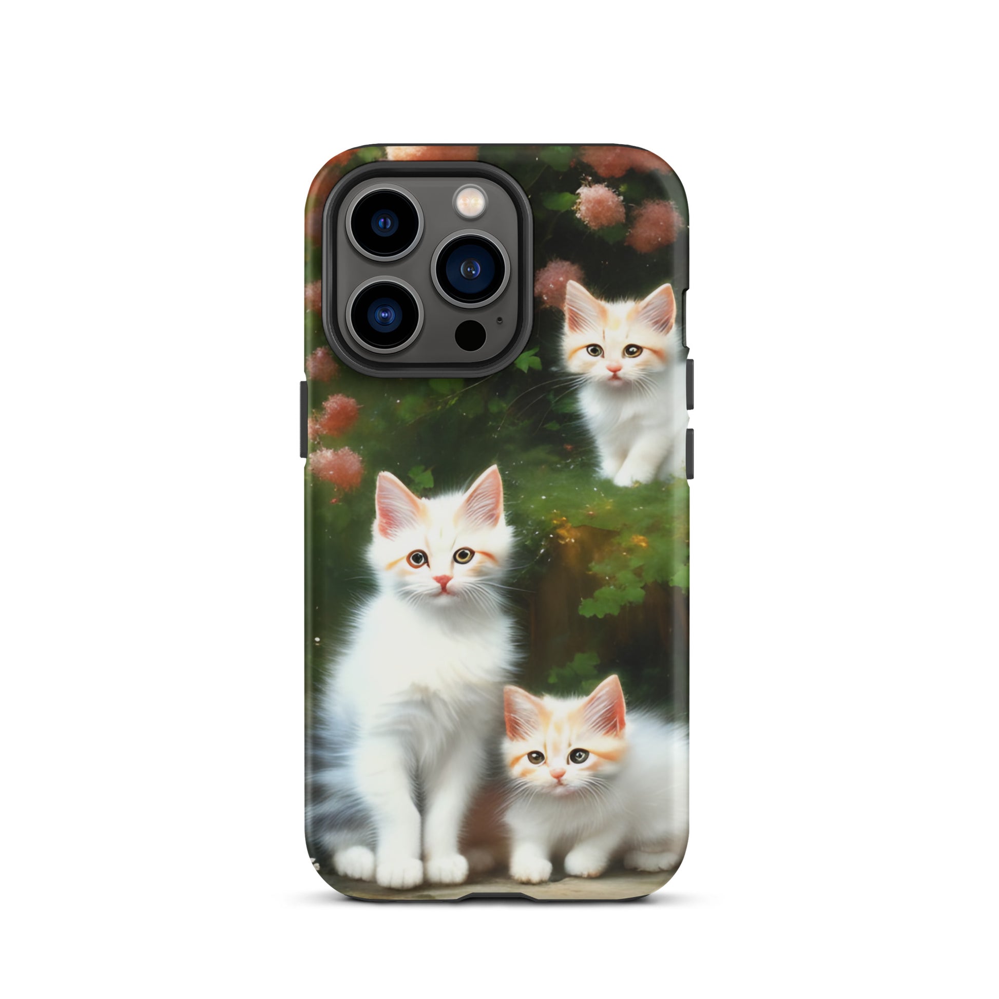 A picture of a iphone tough case with 3 fluffy white and orange kittens and peach colored flowers in the background -matte-iphone-13-pro-front