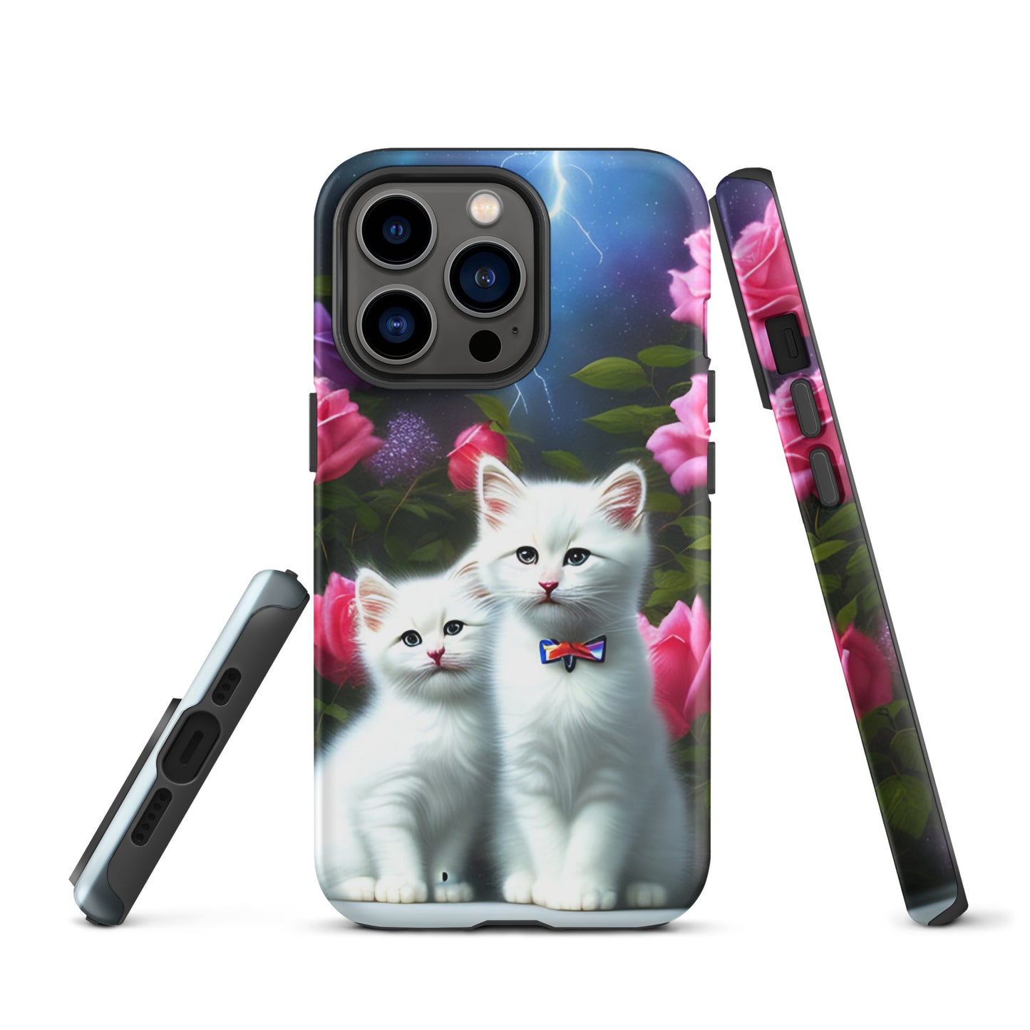 A picture of a iphone tough mobile phone case with 2 white kittens sitting in a flower garden and pink roses - matte-iphone-13-pro-front