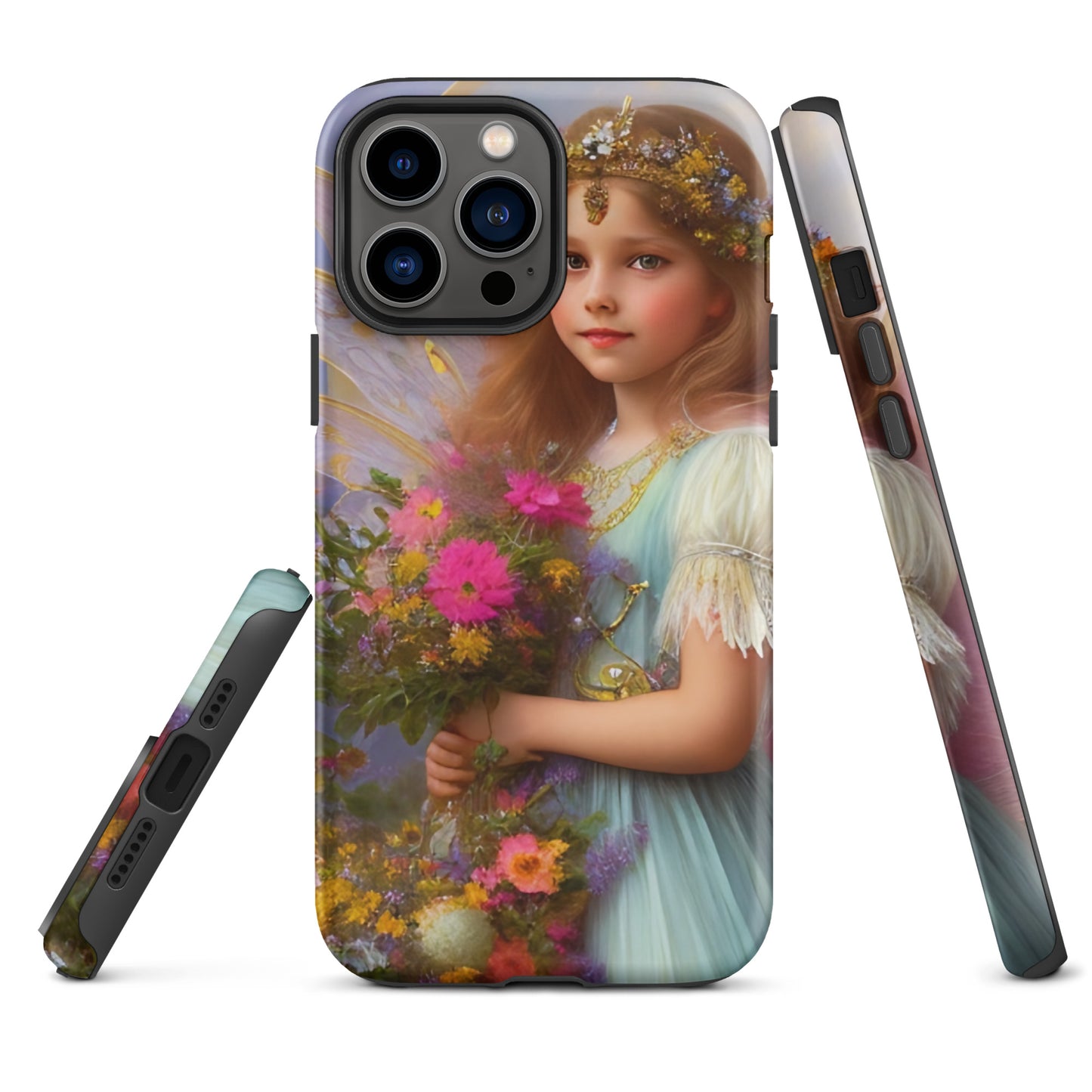 A picture of a iphone tough case with a beautiful young fairy princess, glittering crown and detailed dress. She is holding a bunch of colorful flowers and has very pretty fairy wings   - matte-iphone-13-pro-max-front