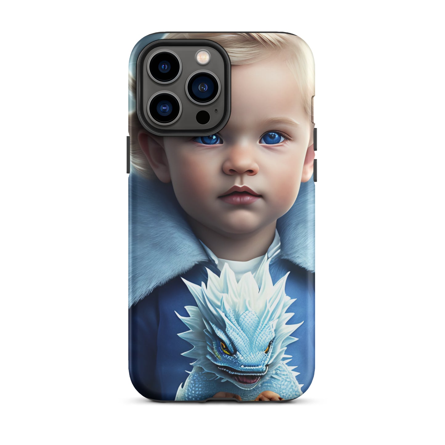 A picture of a an iphone case with a blond haired blue eyed boy, blue top holding a baby ice dragon in front - Dragon Prince #2 tough iphone case - matte-iphone-13-pro-max-front