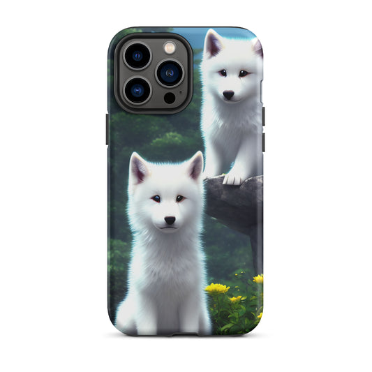 A fantasy picture of 2 white wolf cubs sitting looking straight on iPhone tough case - matte-iphone-13-pro-max-frontA fantasy picture of 2 white wolf cubs sitting looking straight on iPhone tough case - matte-iphone-13-pro-max-front