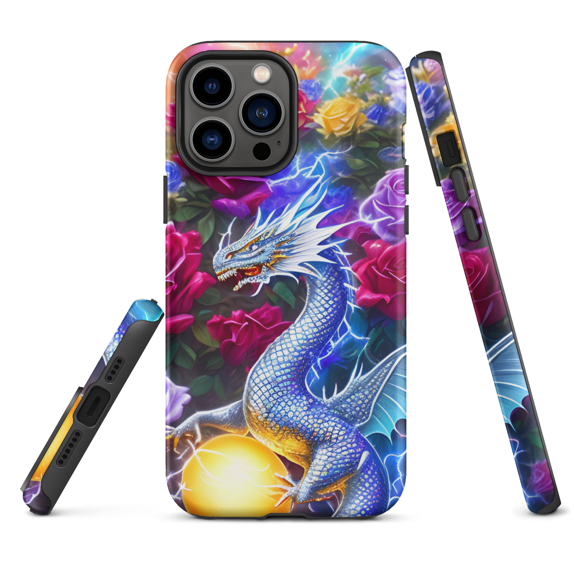 A fantasy picture of Dragon Garden #4 iPhone tough case with many colorful roses and in the middle is a white and blue dragon with a gold dragon egg and crackling lightning bolts - matte-iphone-13-pro-max-front