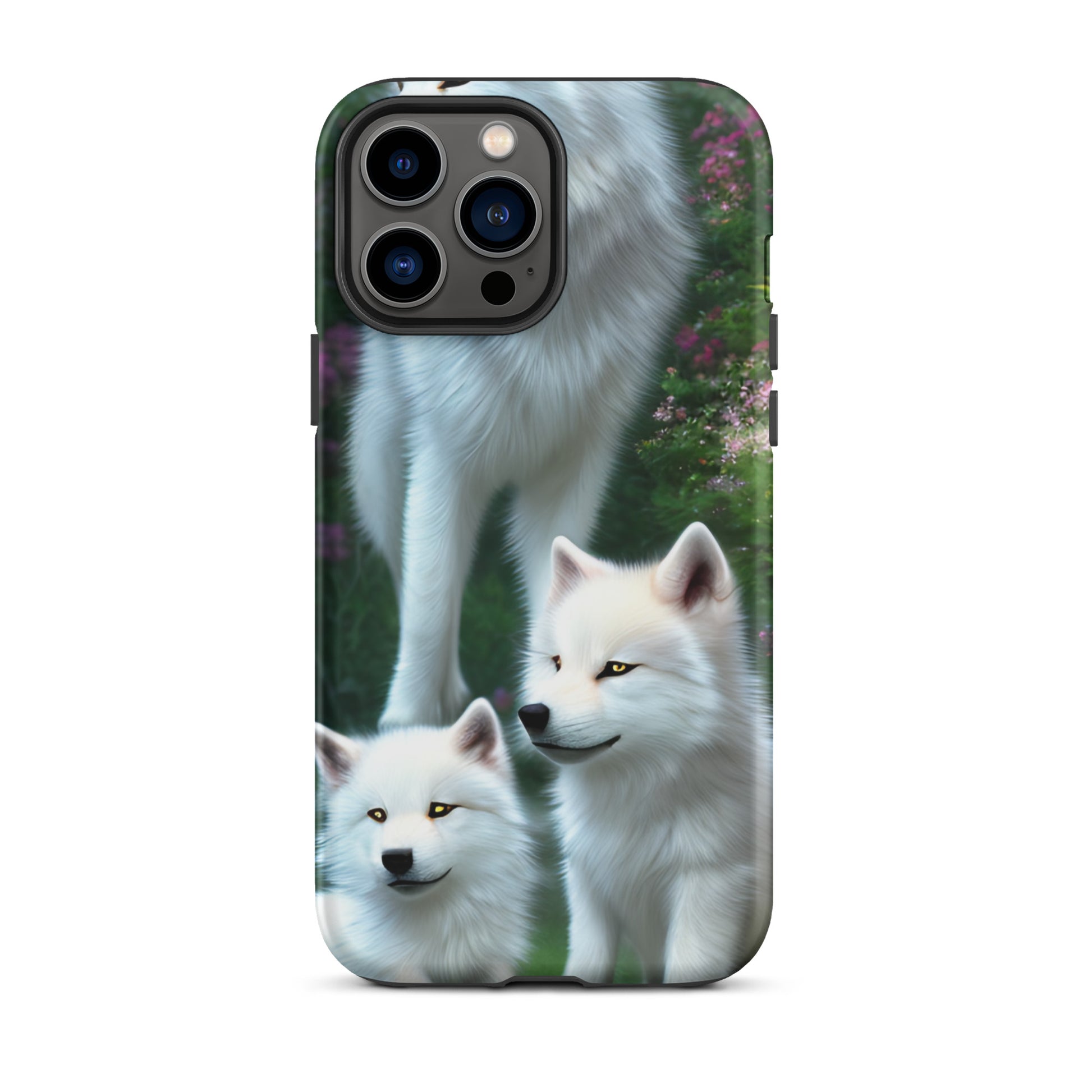 A fantasy picture of white wolves iPhone tough case with many colored flowers and 2 wolf cubs bottom front with an Mother Wolf standing behind - matte-iphone-13-pro-max-front