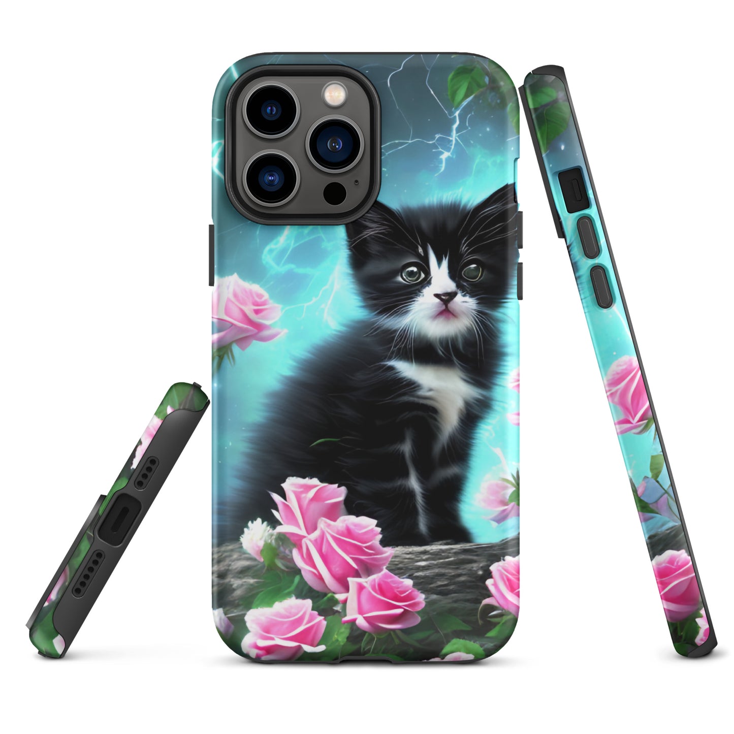 A picture of a iphone tough case with a Black and White Kitten and some pink roses - matte-iphone-13-pro-max-front