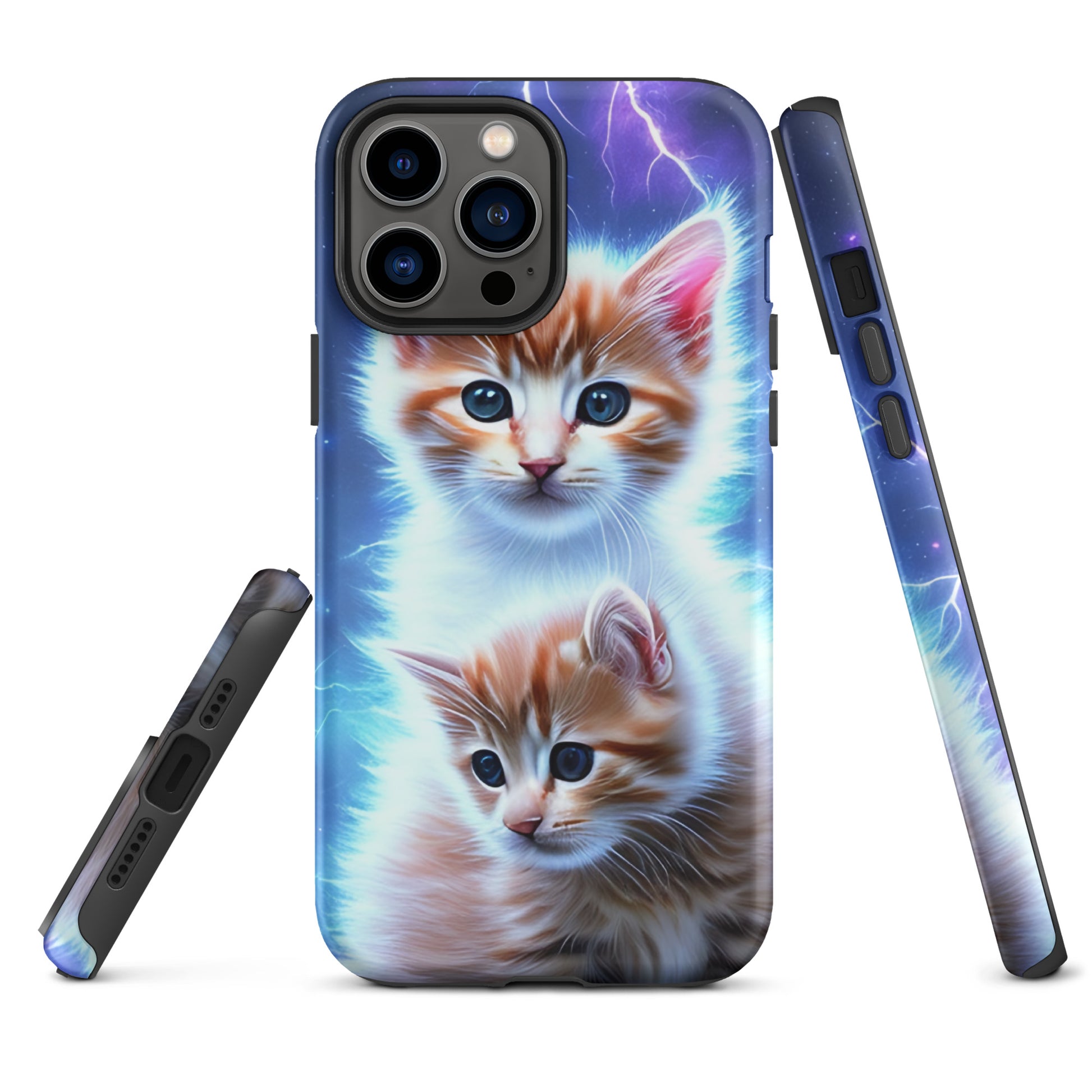 A picture of a iphone tough mobile phone case with fluffy 2 orange and white kittens against a stormy background - matte-iphone-13-pro-max-front