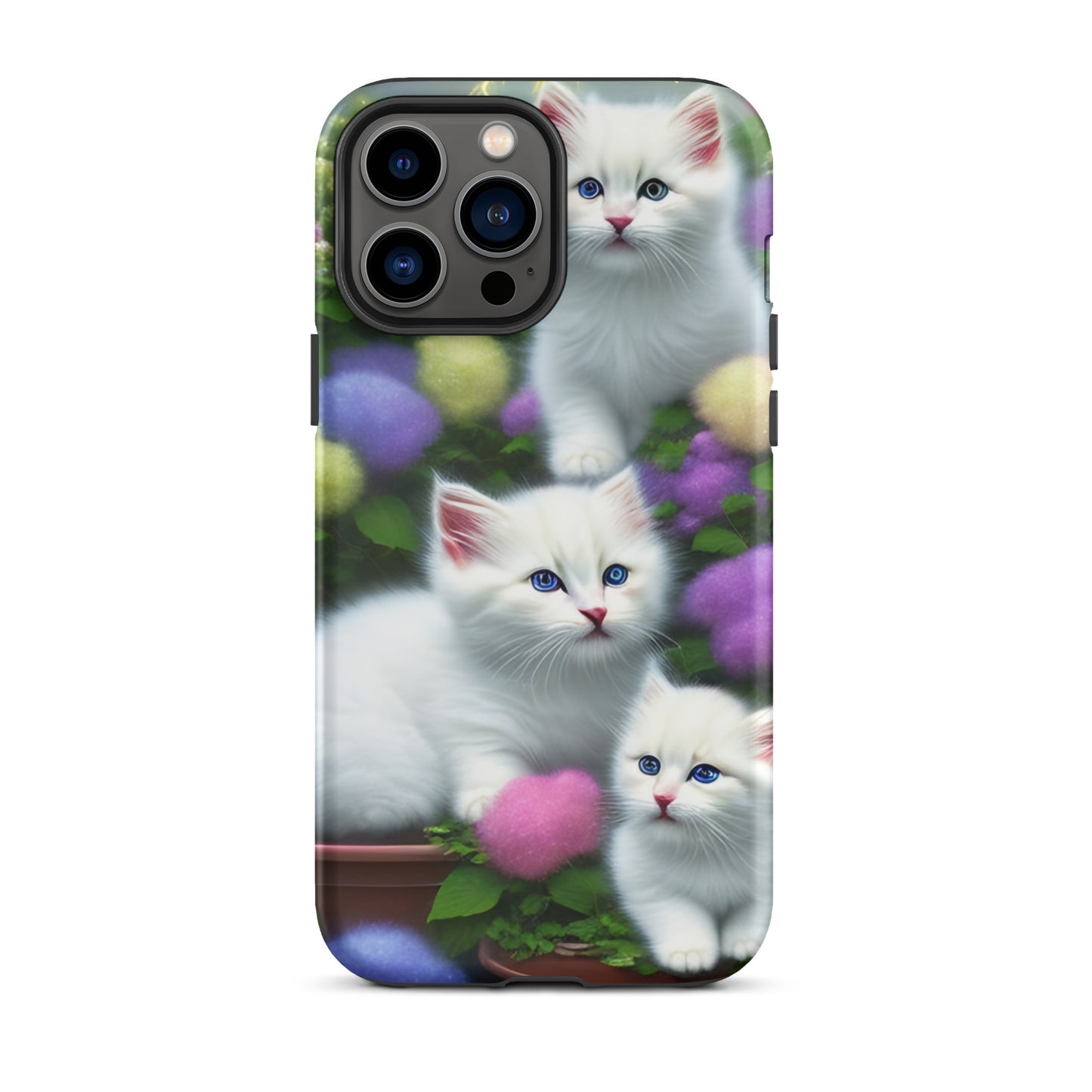 A picture of a iphone tough case with a picture of 3 pure white kittens with blue eyes in a garden filled with flowers - matte-iphone-13-pro-max-front