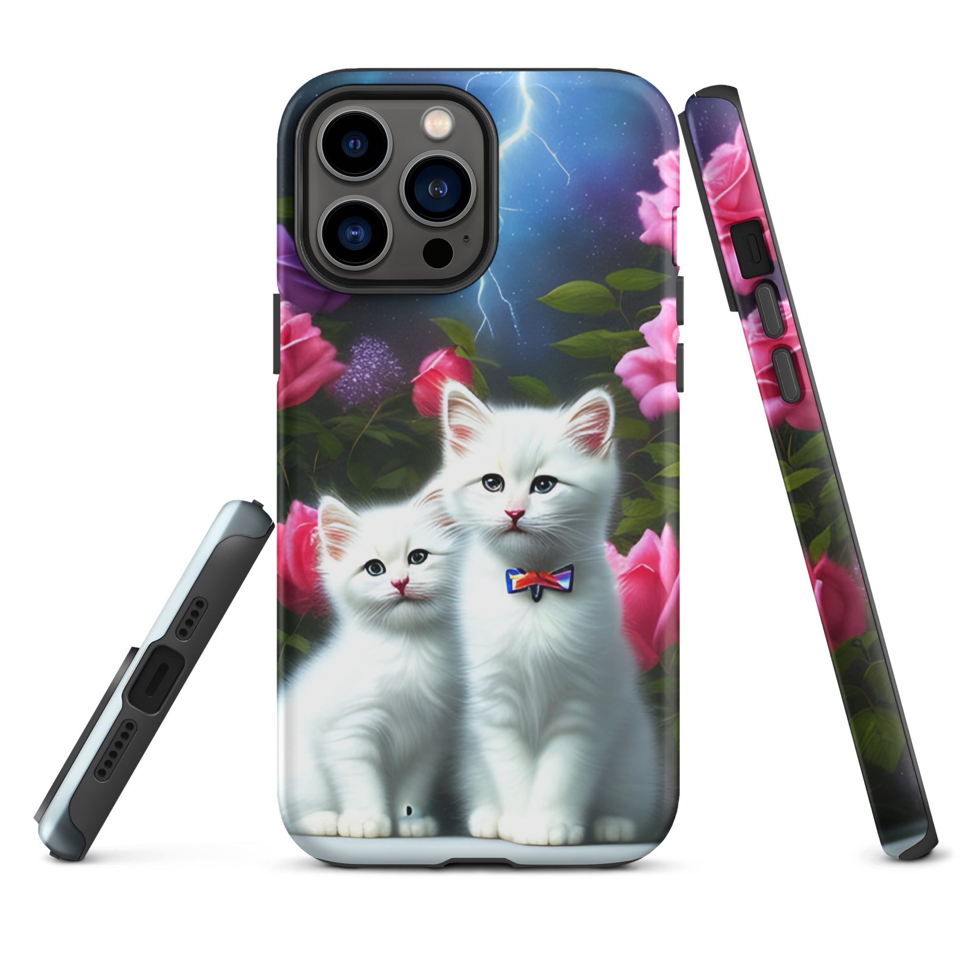 A picture of a iphone tough mobile phone case with 2 white kittens sitting in a flower garden and pink roses - matte-iphone-13-pro-max-front