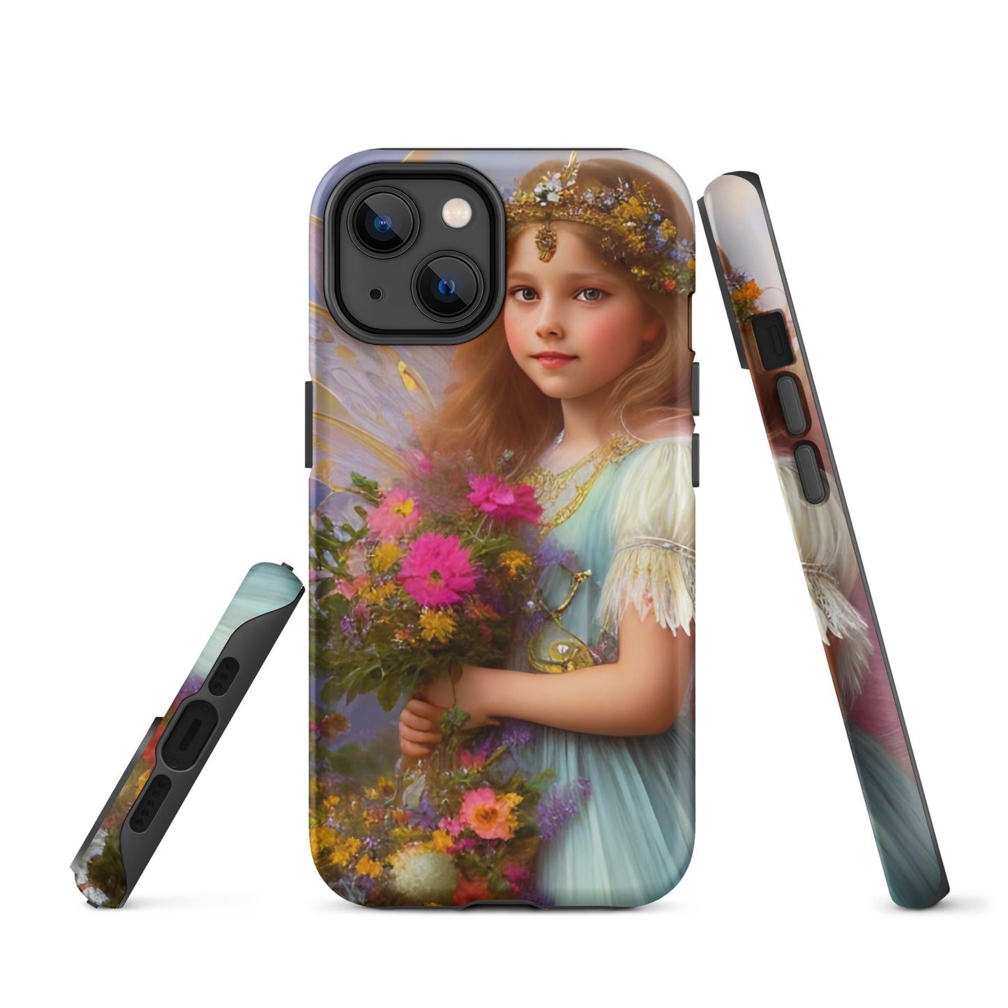 A picture of a iphone tough case with a beautiful young fairy princess, glittering crown and detailed dress. She is holding a bunch of colorful flowers and has very pretty fairy wings   - matte-iphone-14-front