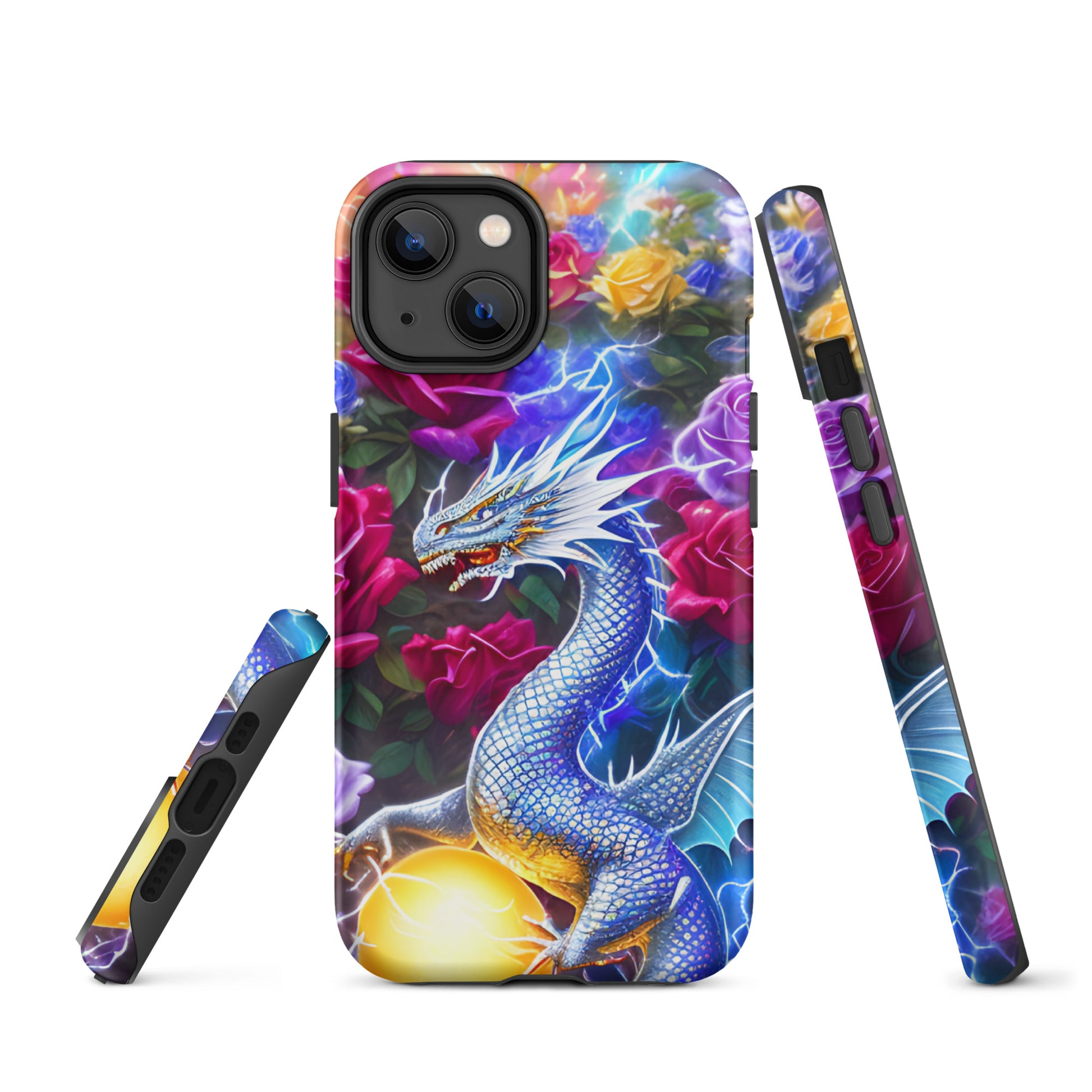 A fantasy picture of Dragon Garden #4 iPhone tough case with many colorful roses and in the middle is a white and blue dragon with a gold dragon egg and crackling lightning bolts - matte-iphone-14-front