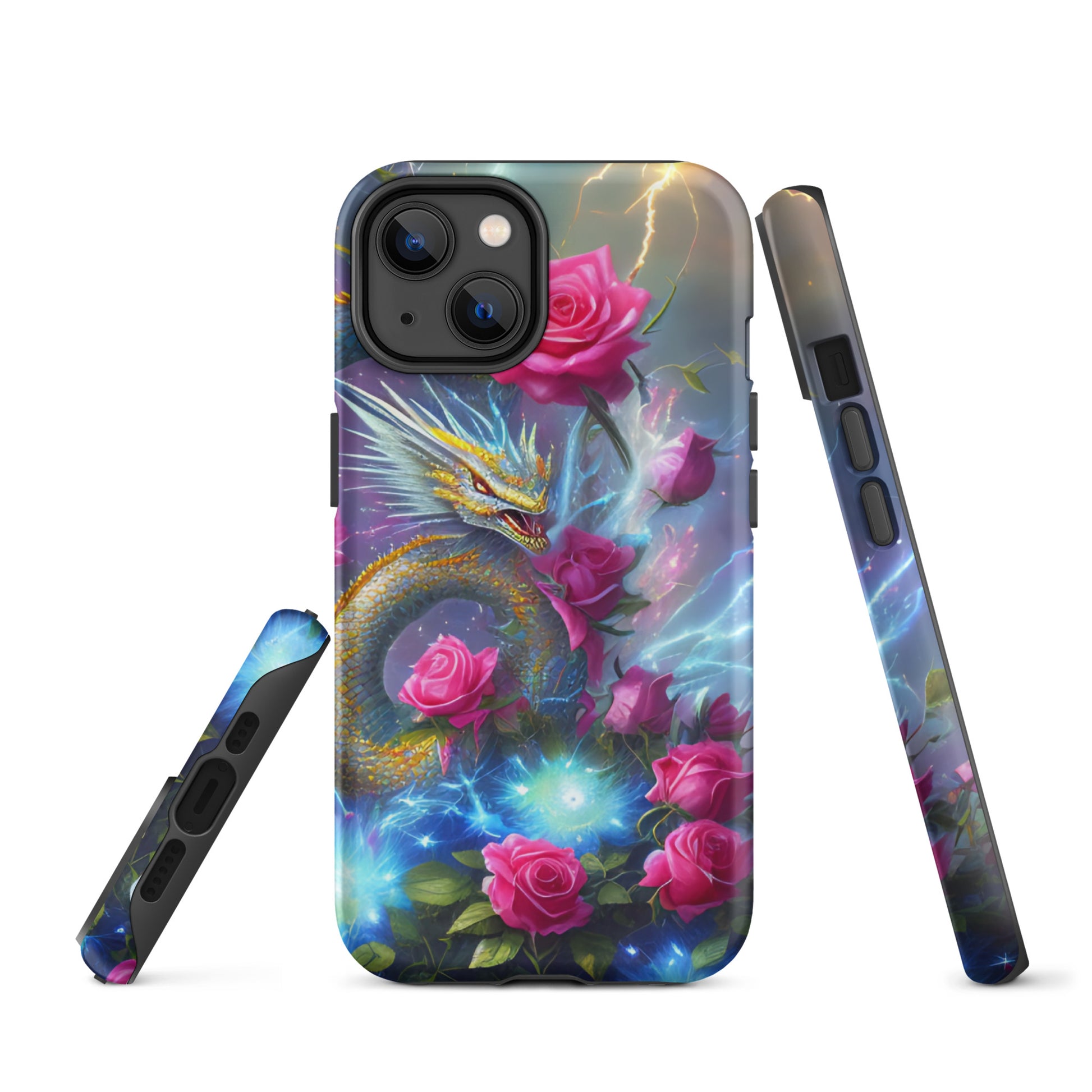 A fantasy picture of Dragon Garden #3 iPhone tough case with pink of roses and in the middle is a blue and gold dragon with colorful lightning bolts - matte-iphone-14-front