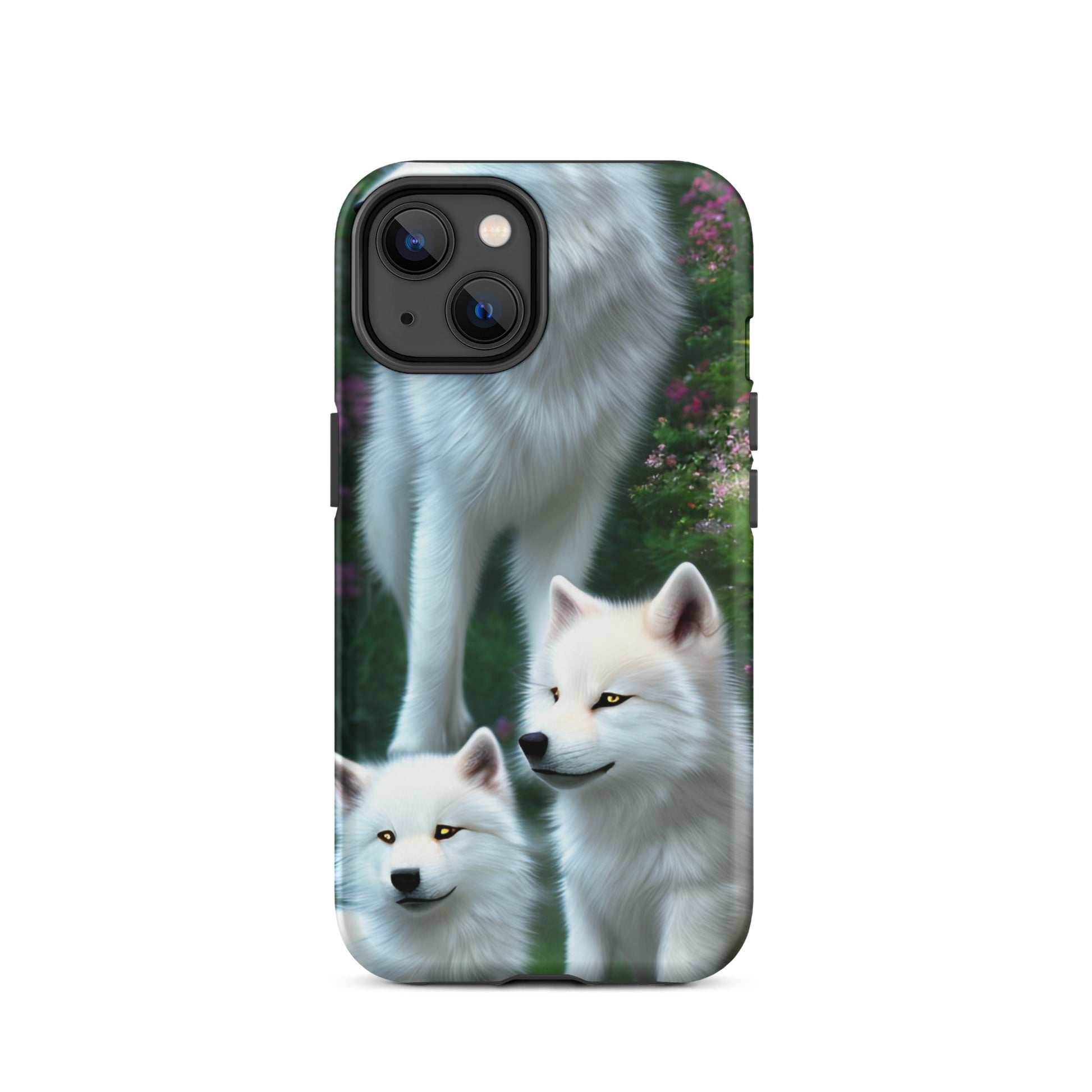 A fantasy picture of white wolves iPhone tough case with many colored flowers and 2 wolf cubs bottom front with an Mother Wolf standing behind - matte-iphone-14-front