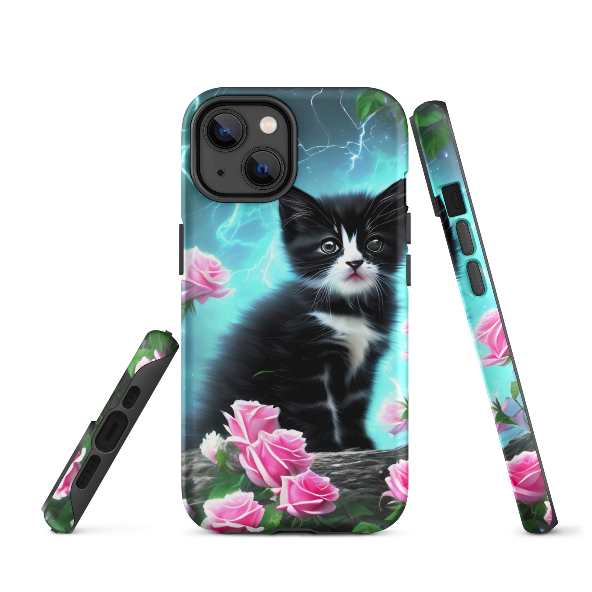 A picture of a iphone tough case with a Black and White Kitten and some pink roses - matte-iphone-14-front