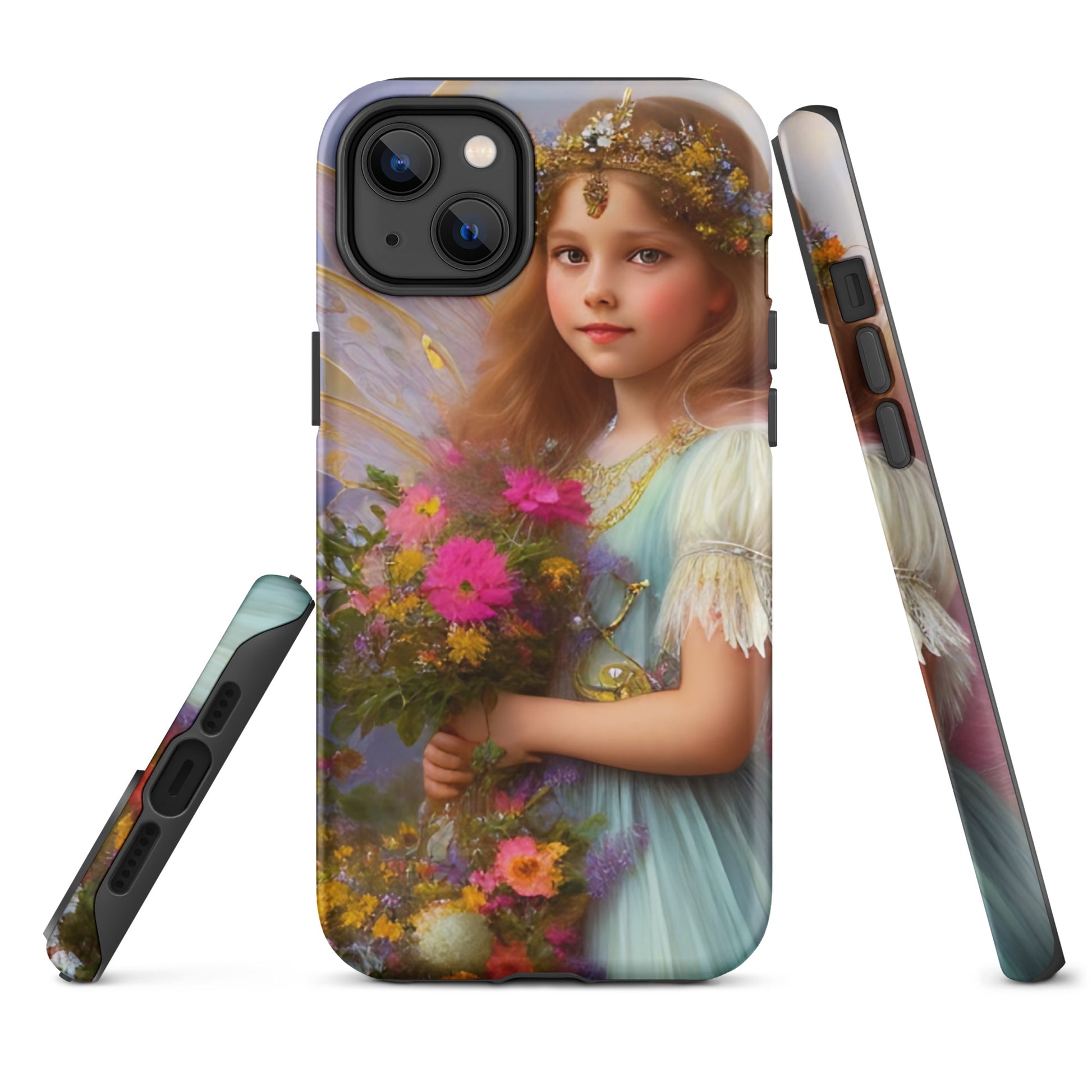 A picture of a iphone tough case with a beautiful young fairy princess, glittering crown and detailed dress. She is holding a bunch of colorful flowers and has very pretty fairy wings   -matte-iphone-14-plus-front