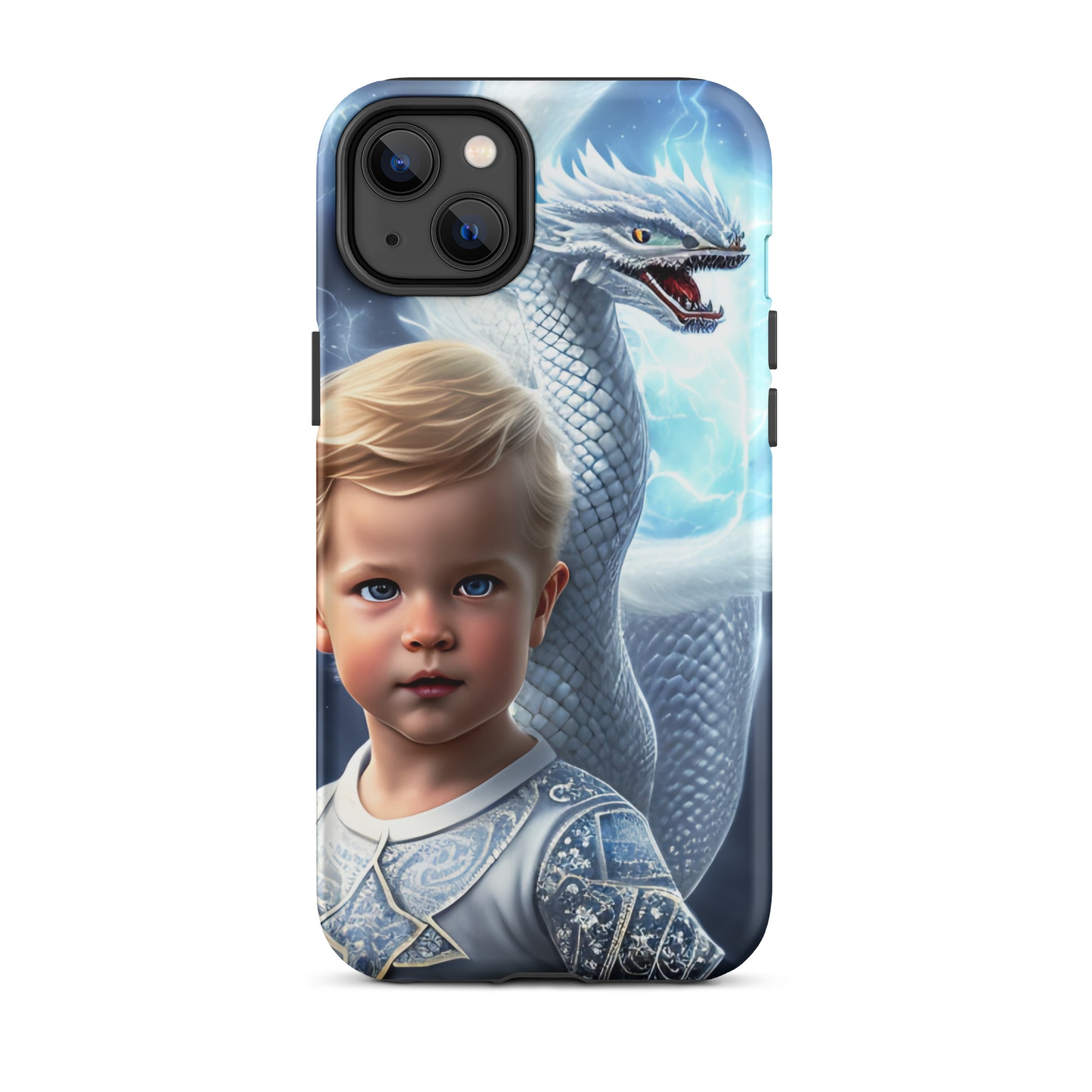 A picture of a an iphone case with a blond haired blue eyed boy, pale blue shirt with white intricate patter Dragon Prince tough iphone case - matte-iphone-14-plus-front