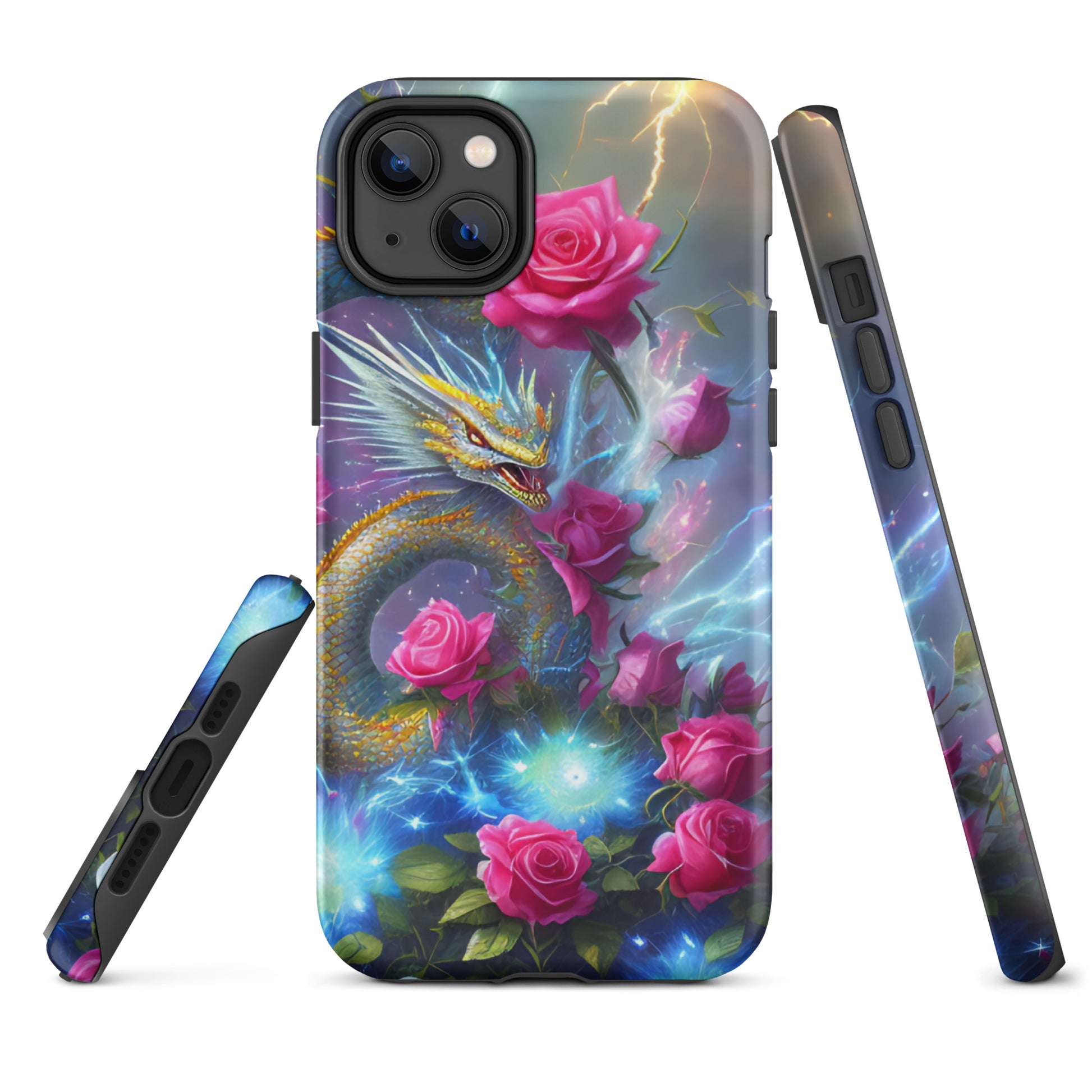 A fantasy picture of Dragon Garden #3 iPhone tough case with pink of roses and in the middle is a blue and gold dragon with colorful lightning bolts - matte-iphone-14-plus-front