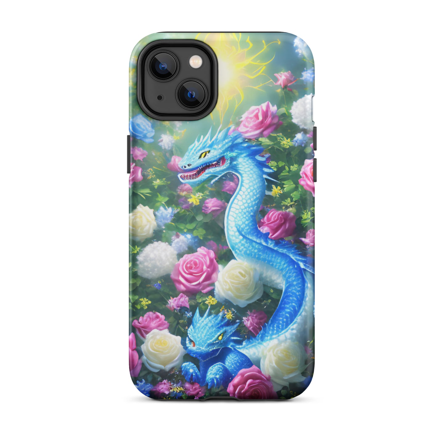 A fantasy picture of Dragon Garden #5 iPhone tough case with many colors of roses and in the middle is a blue dragon with it's baby - matte-iphone-14-plus-front