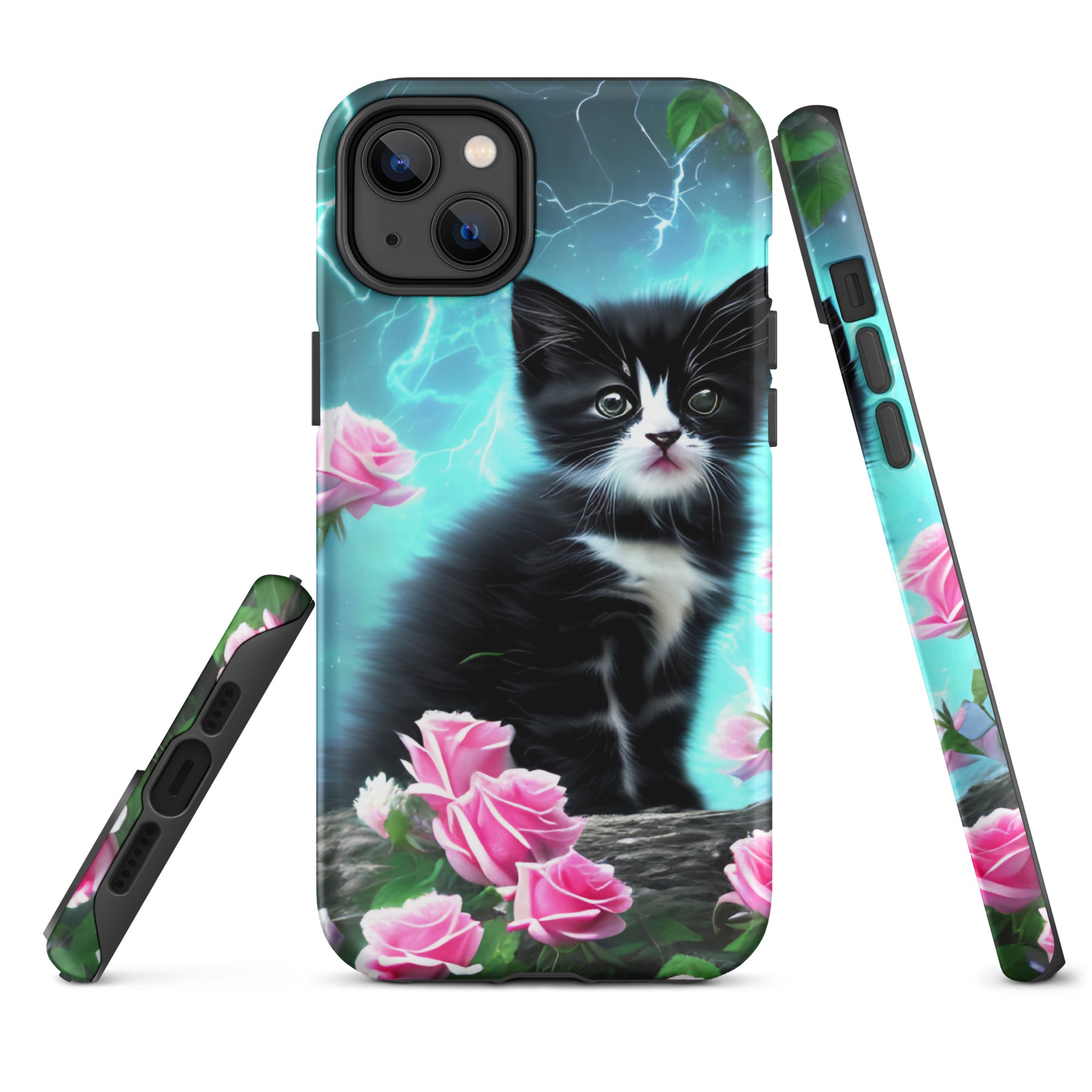 A picture of a iphone tough case with a Black and White Kitten and some pink roses - matte-iphone-14-plus-front