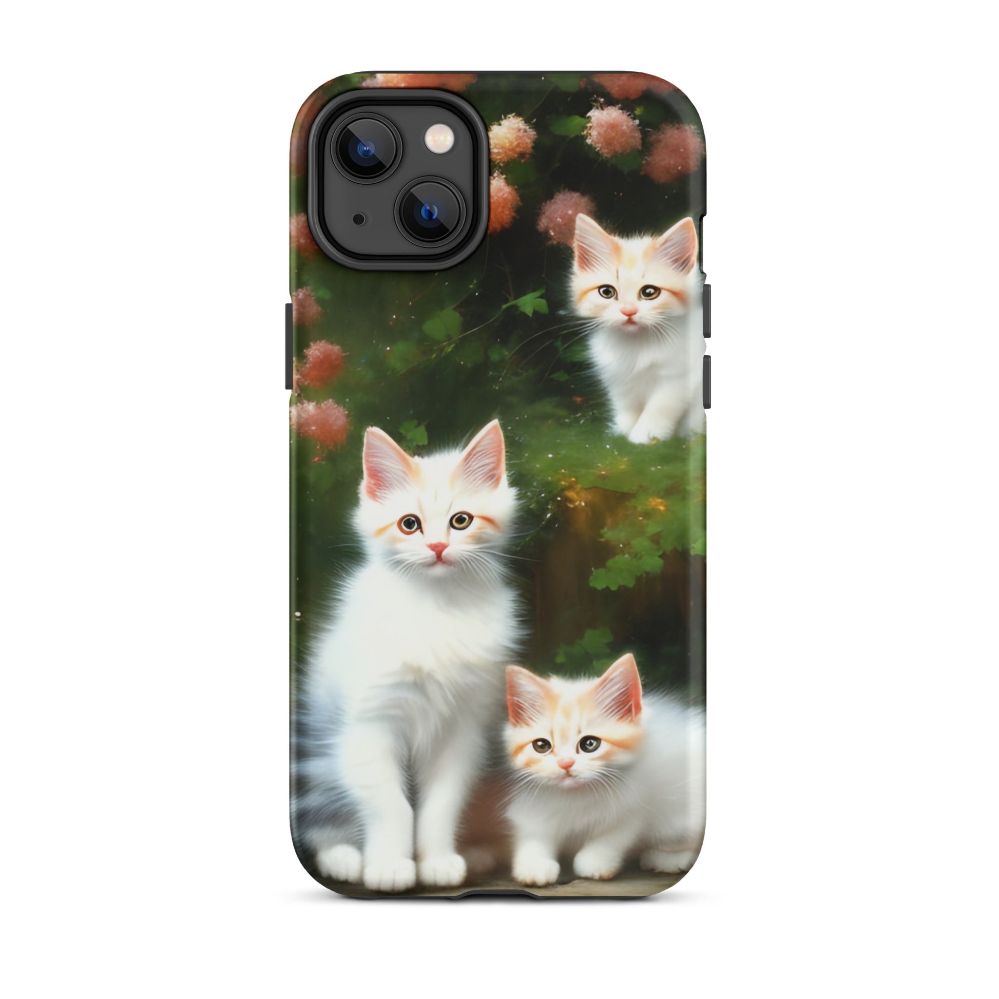 A picture of a iphone tough case with 3 fluffy white and orange kittens and peach colored flowers in the background - matte-iphone-14-plus-front