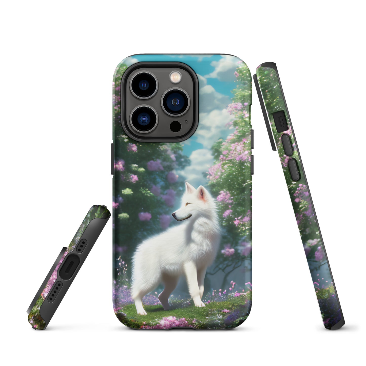 A fantasy picture of white wolf iPhone tough case full picture of a lone white wolf standing in a garden full of flowers - matte-iphone-14-pro-front