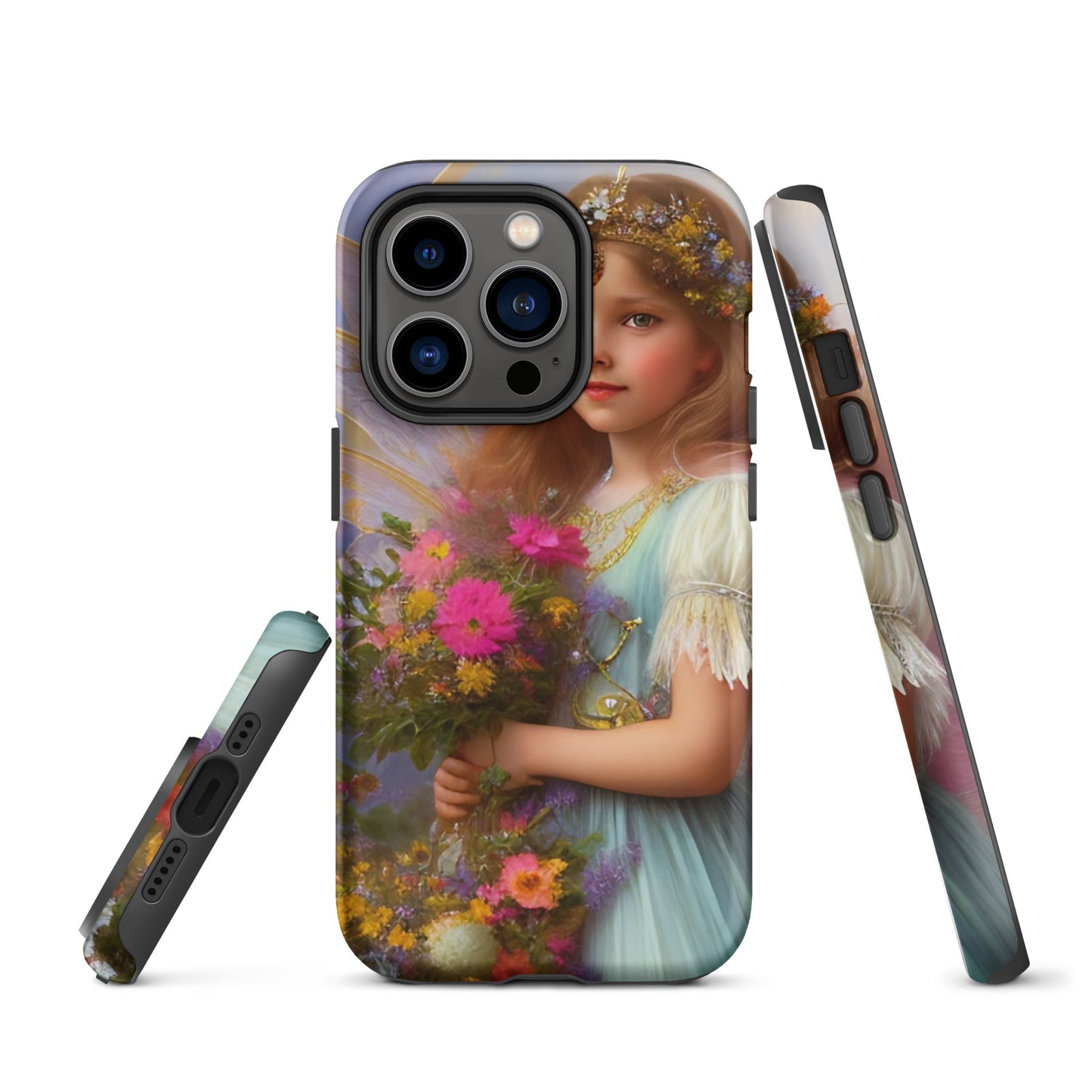 A picture of a iphone tough case with a beautiful young fairy princess, glittering crown and detailed dress. She is holding a bunch of colorful flowers and has very pretty fairy wings   -matte-iphone-14-pro-front