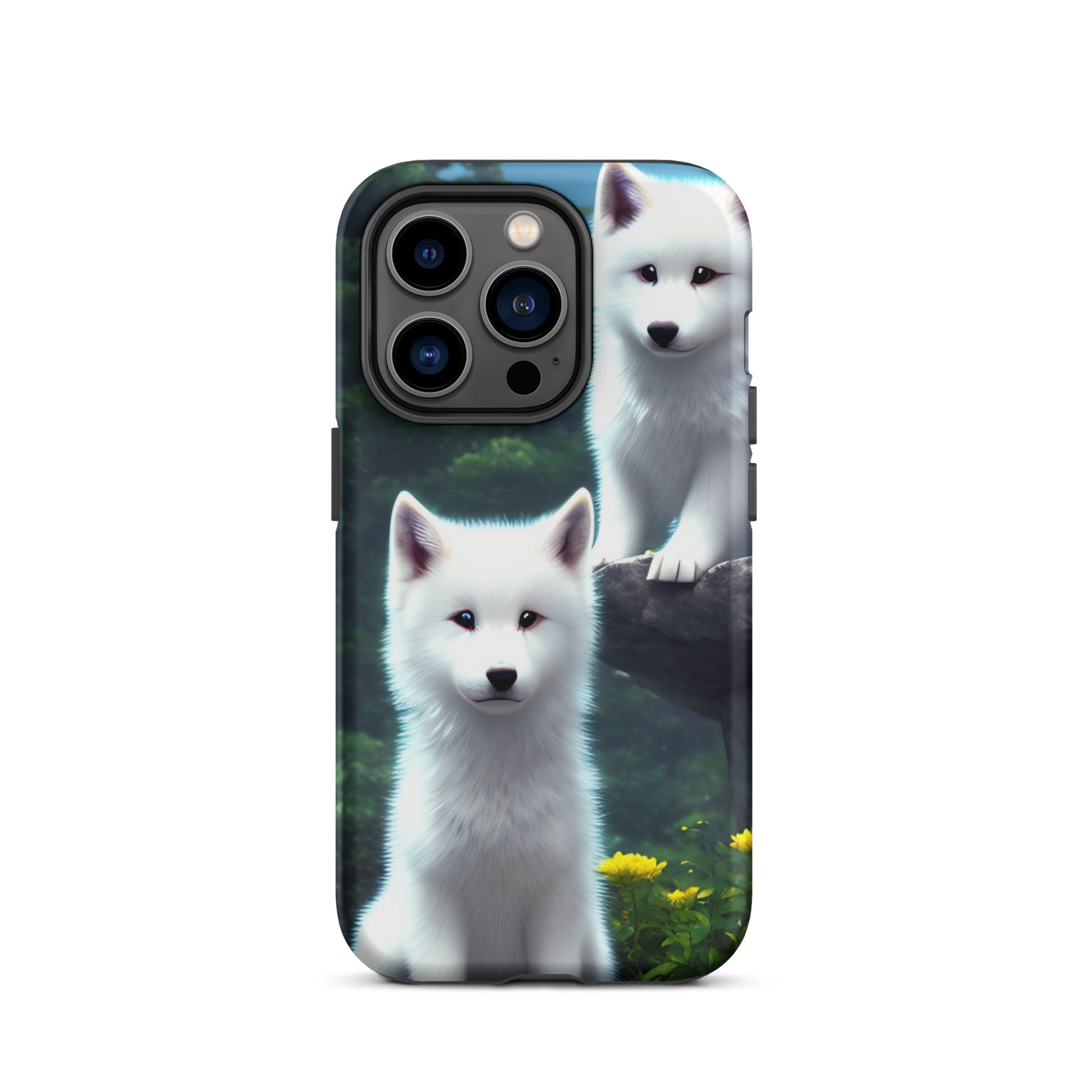 A fantasy picture of 2 white wolf cubs sitting looking straight on iPhone tough case - matte-iphone-14-pro-front
