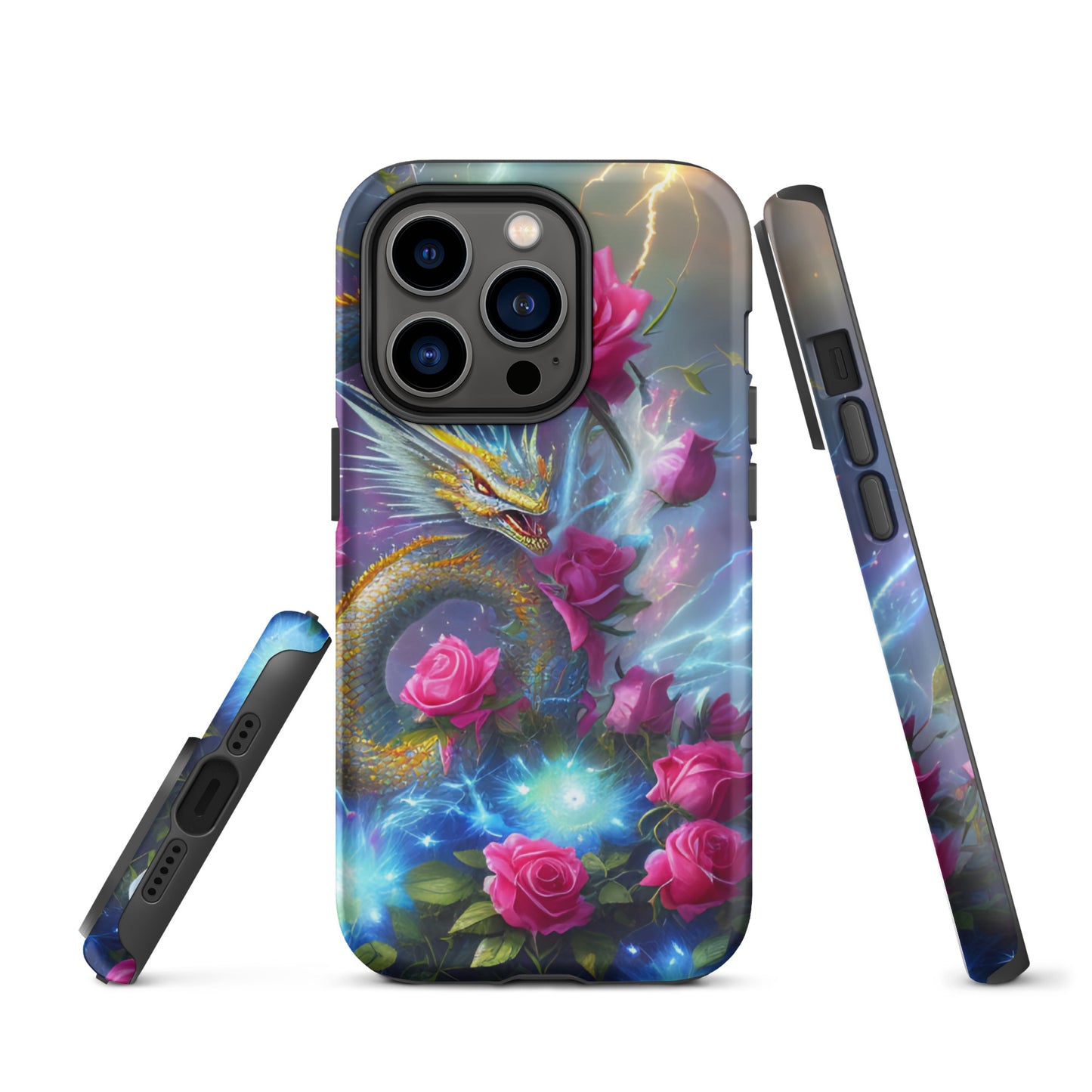 A fantasy picture of Dragon Garden #3 iPhone tough case with pink of roses and in the middle is a blue and gold dragon with colorful lightning bolts - matte-iphone-14-pro-front