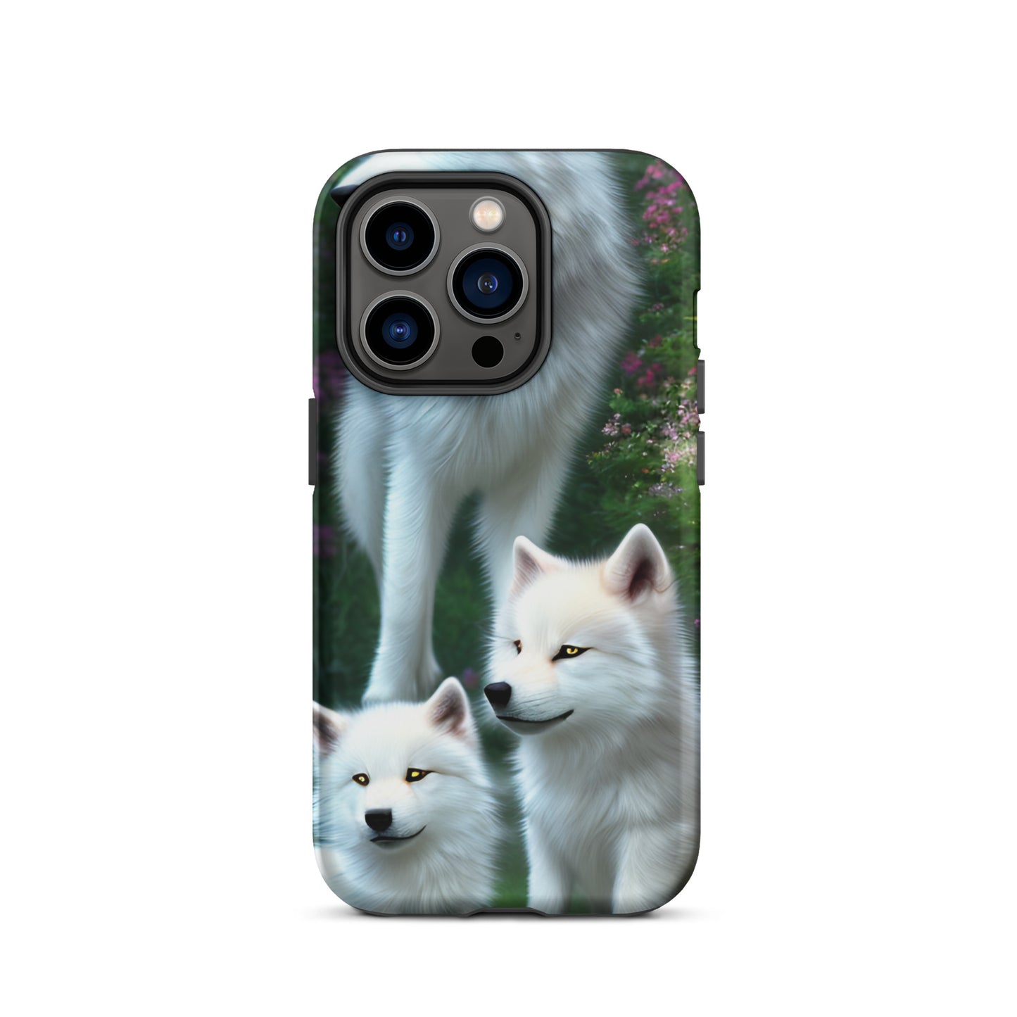 A fantasy picture of white wolves iPhone tough case with many colored flowers and 2 wolf cubs bottom front with an Mother Wolf standing behind - matte-iphone-14-pro-front