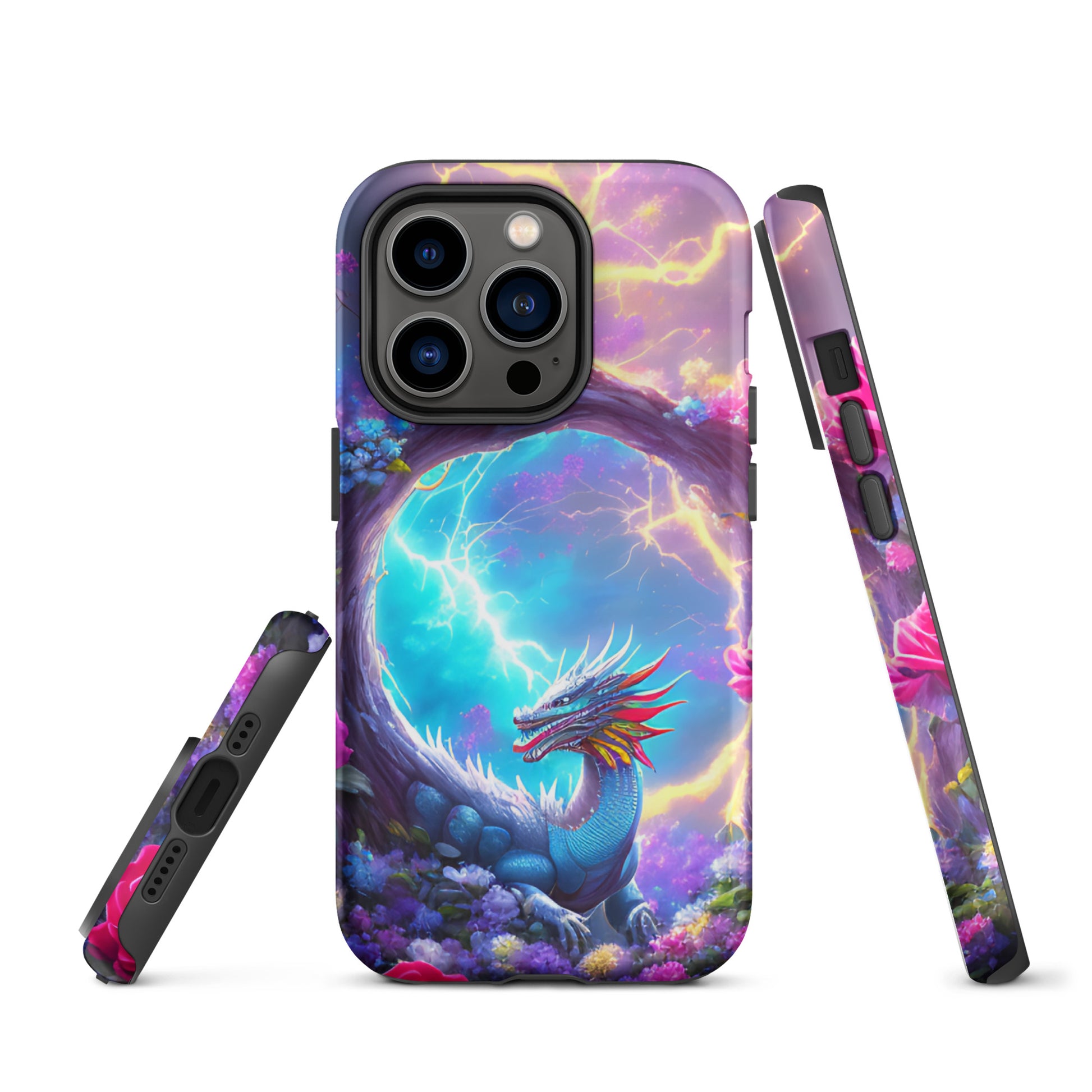 A fantasy picture of Dragon Garden iPhone tough case with many colors of roses and in the middle is a rainbow dragon with lightning bolts - matte-iphone-14-pro-front