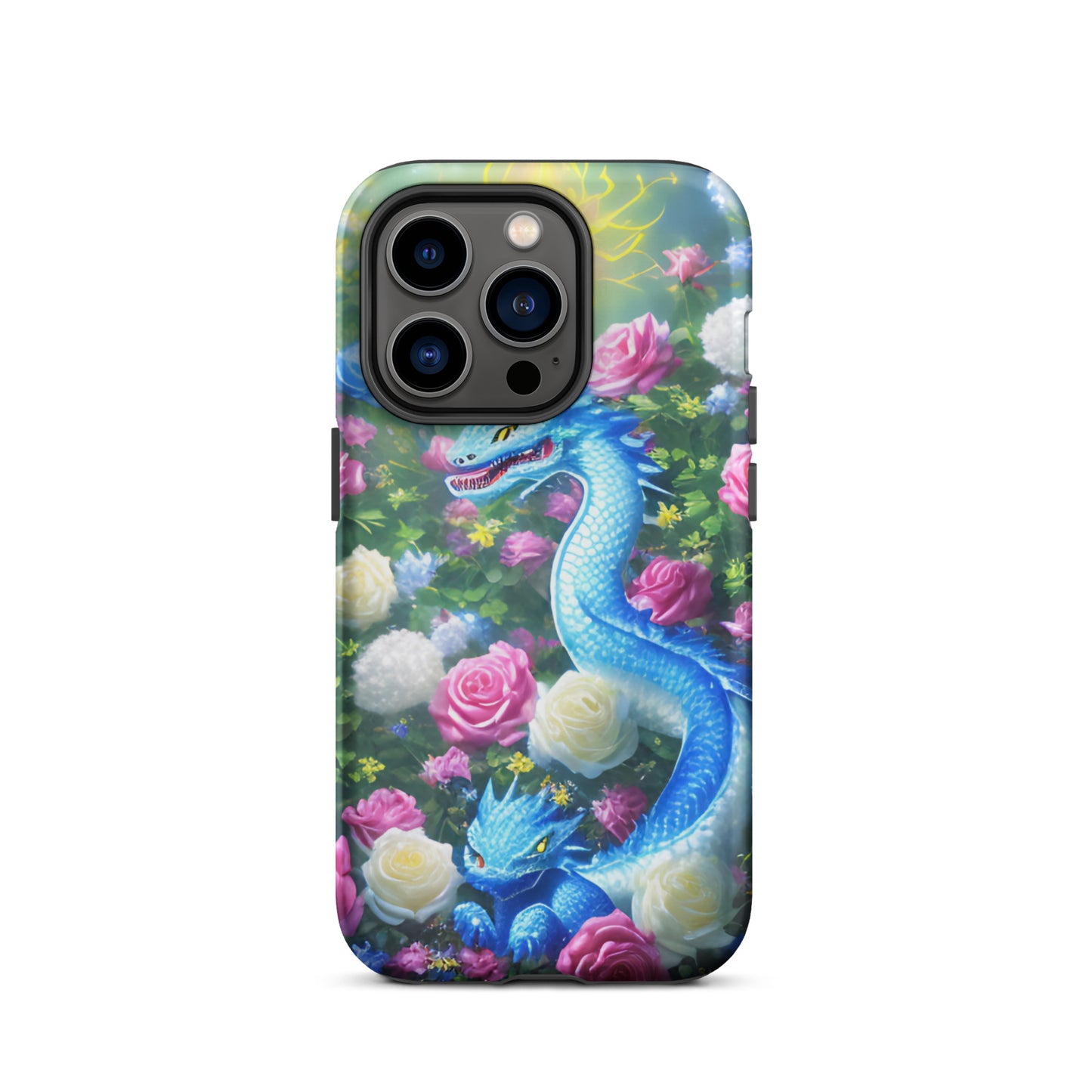 A fantasy picture of Dragon Garden #5 iPhone tough case with many colors of roses and in the middle is a blue dragon with it's baby - matte-iphone-14-pro-front