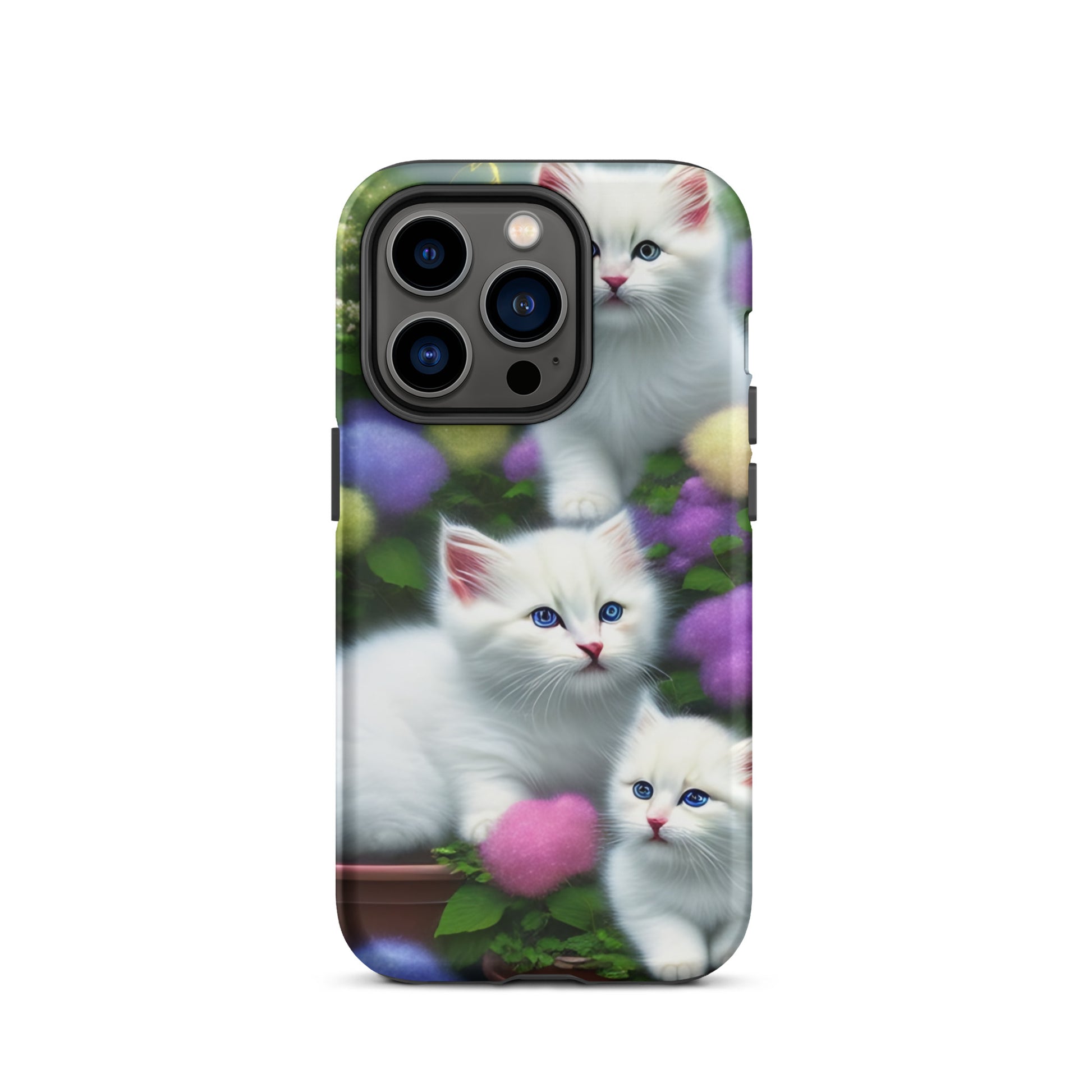 A picture of a iphone tough case with a picture of 3 pure white kittens with blue eyes in a garden filled with flowers - matte-iphone-14-pro-front