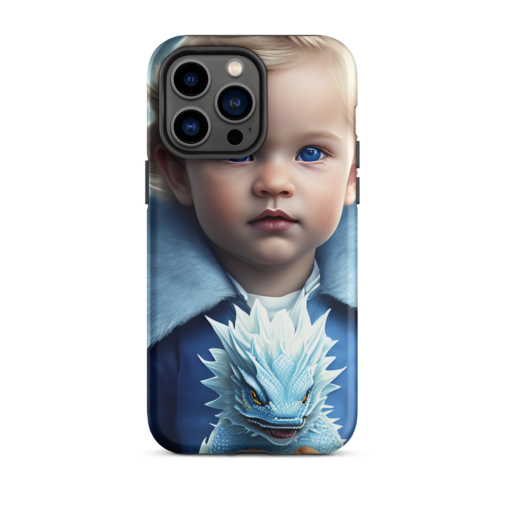 A picture of a an iphone case with a blond haired blue eyed boy, blue top holding a baby ice dragon in front - Dragon Prince #2 tough iphone case - matte-iphone-14-pro-max-front